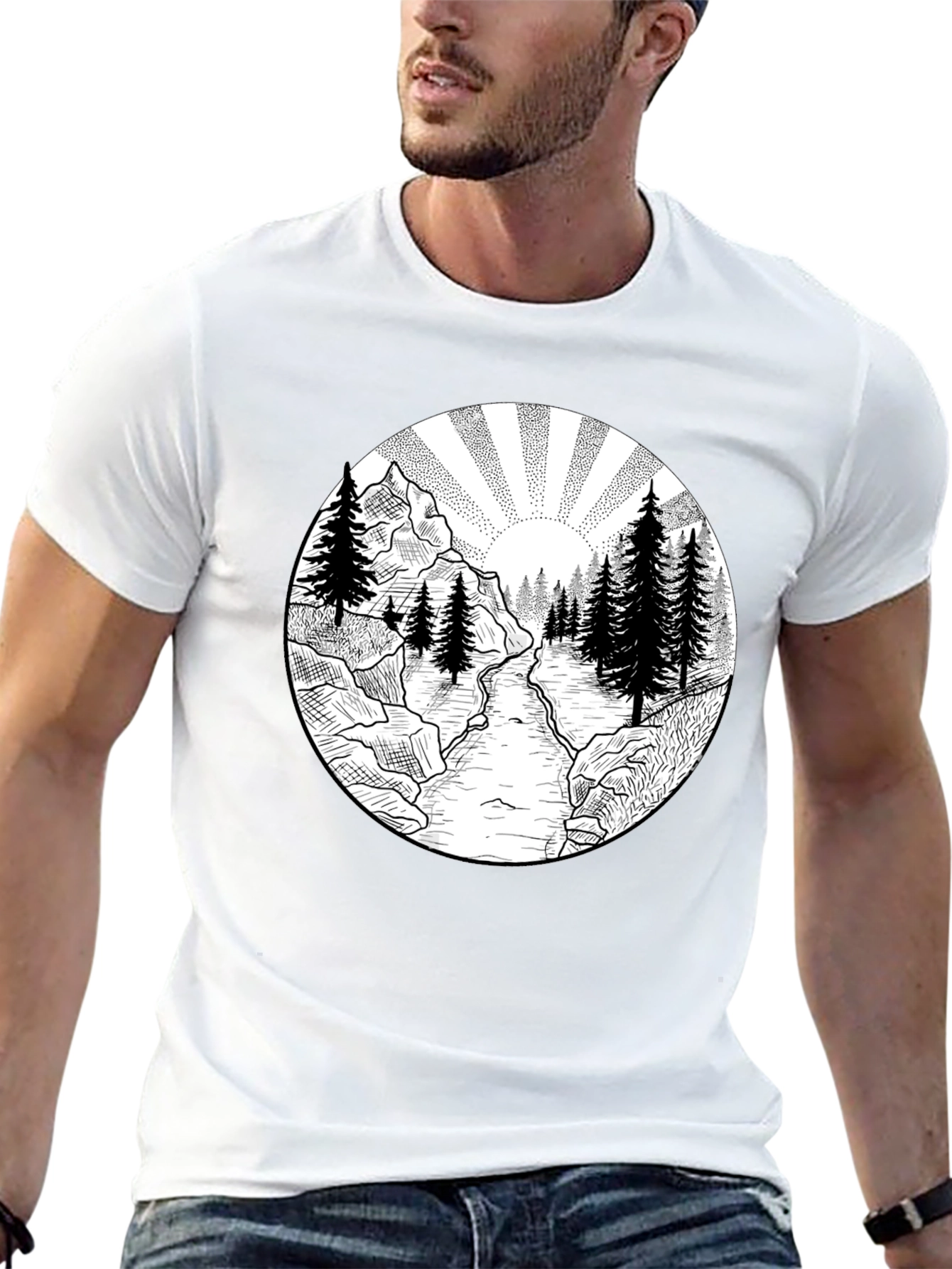 Nature Scene Graphic Tee - Black Cotton T-Shirt