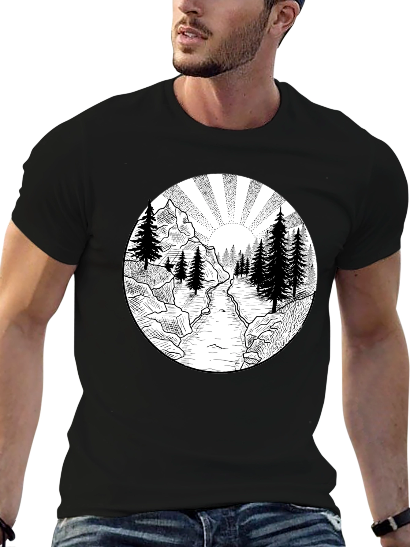 Nature Scene Graphic Tee - Black Cotton T-Shirt