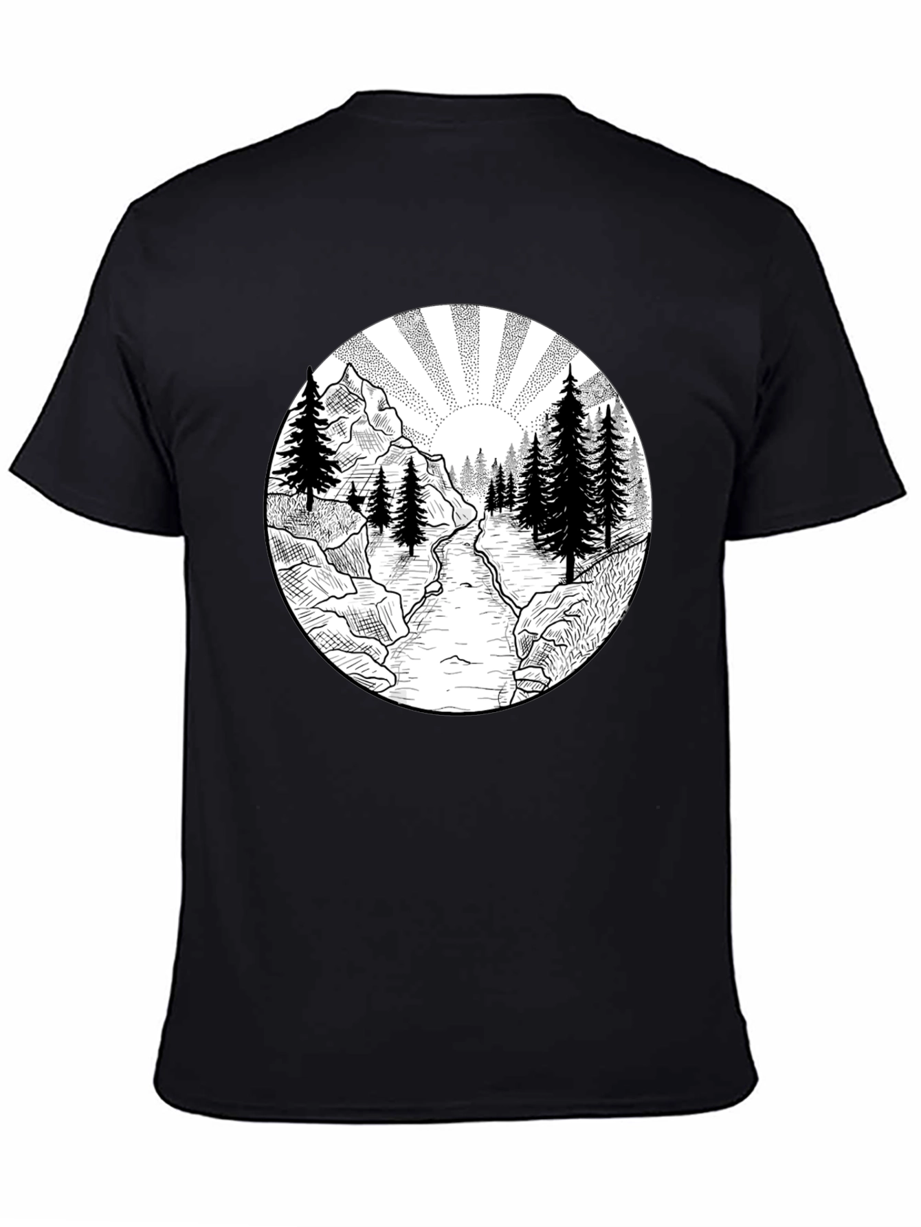 Nature Scene Graphic Tee - Black Cotton T-Shirt