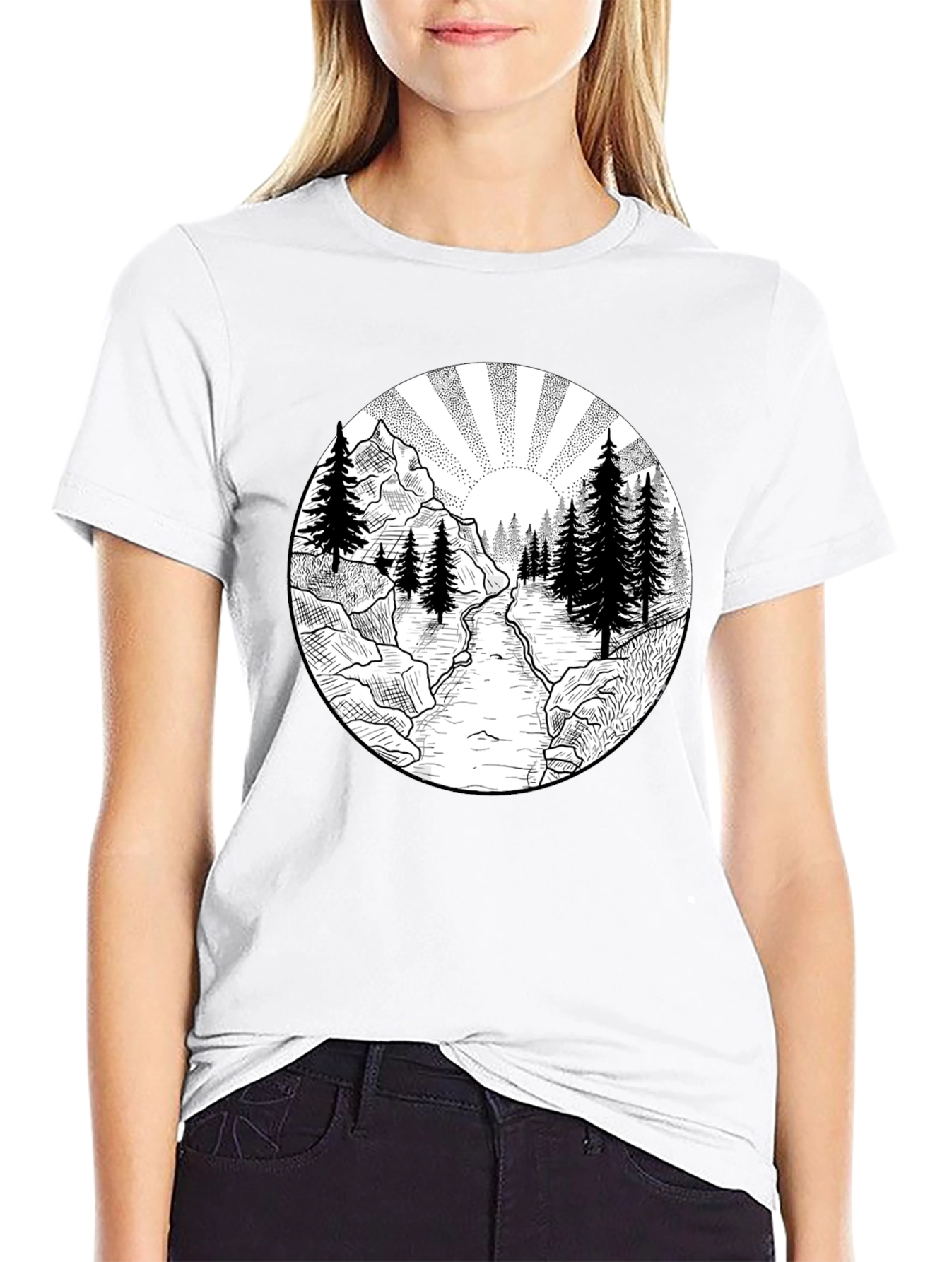 Nature Scene Graphic Tee - Black Cotton T-Shirt