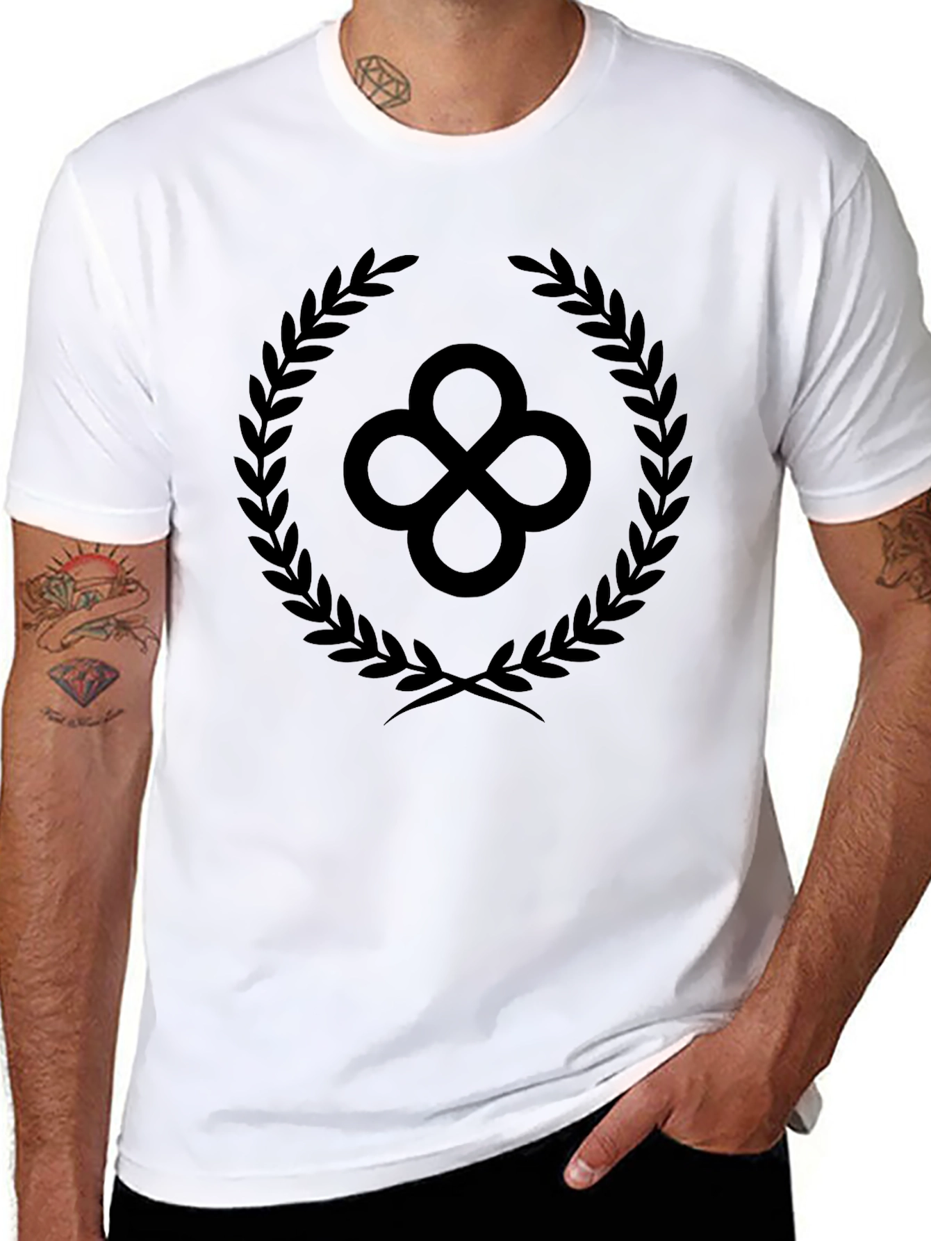 Black T-Shirt with Laurel Wreath & Clover Design