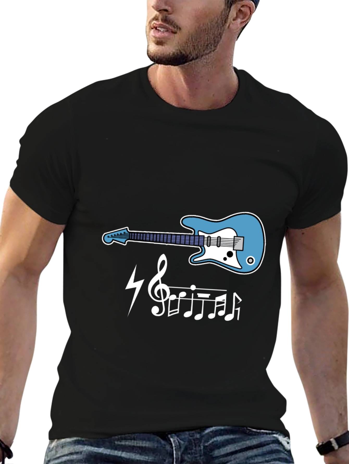 Guitar Music Notes Graphic Tee - Black Cotton T-Shirt