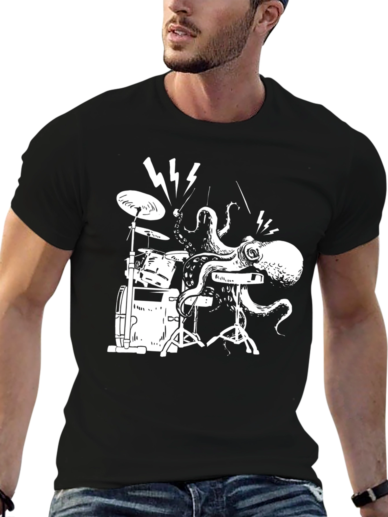 Octopus Drummer T-Shirt - Black Cotton Tee