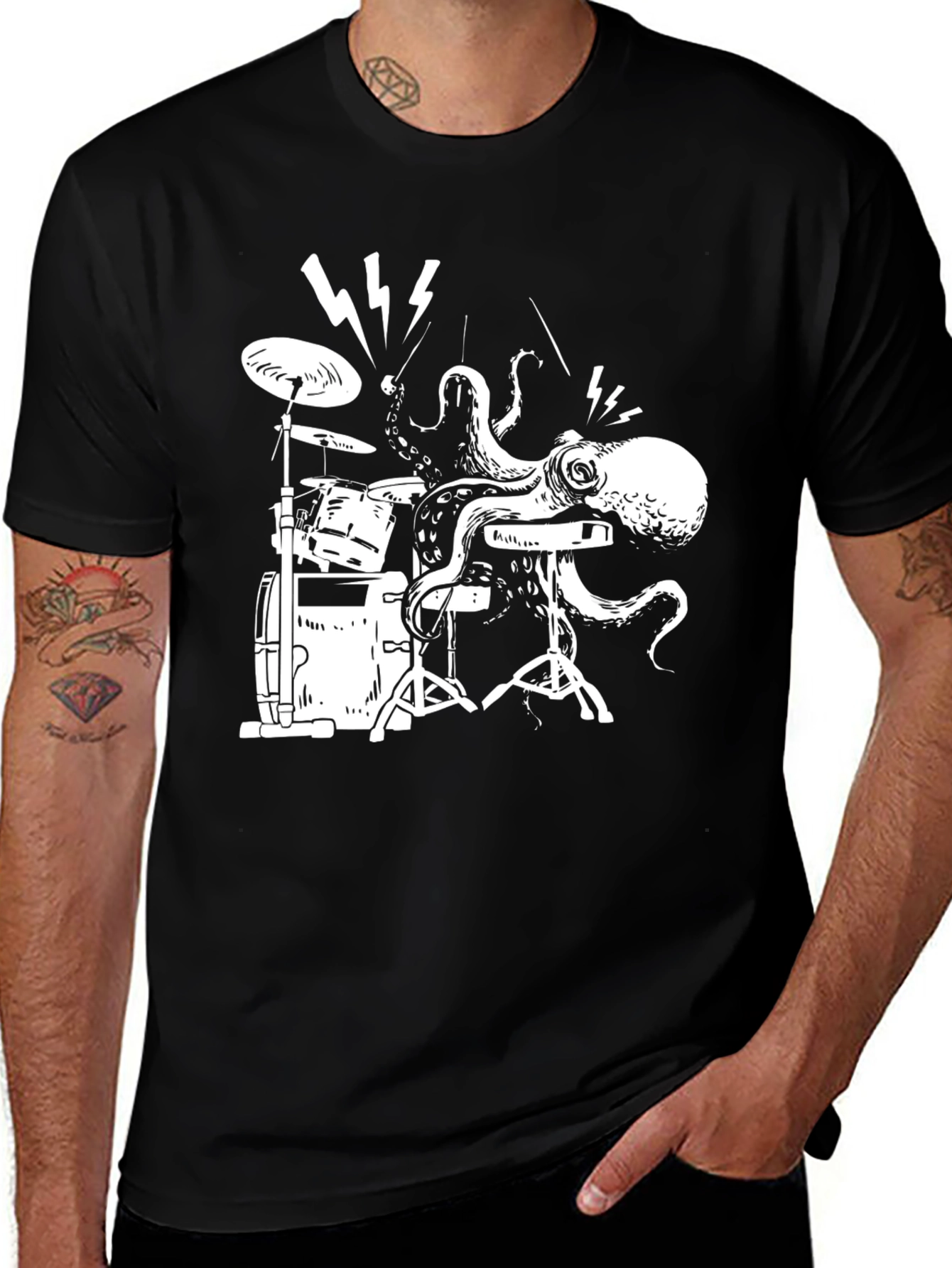 Octopus Drummer T-Shirt - Black Cotton Tee