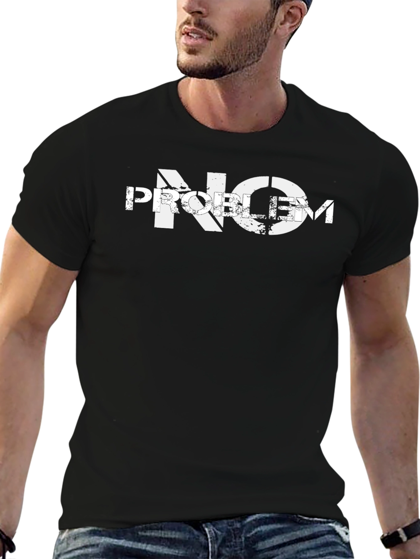Distressed No Problem Graphic Print Black T-Shirt