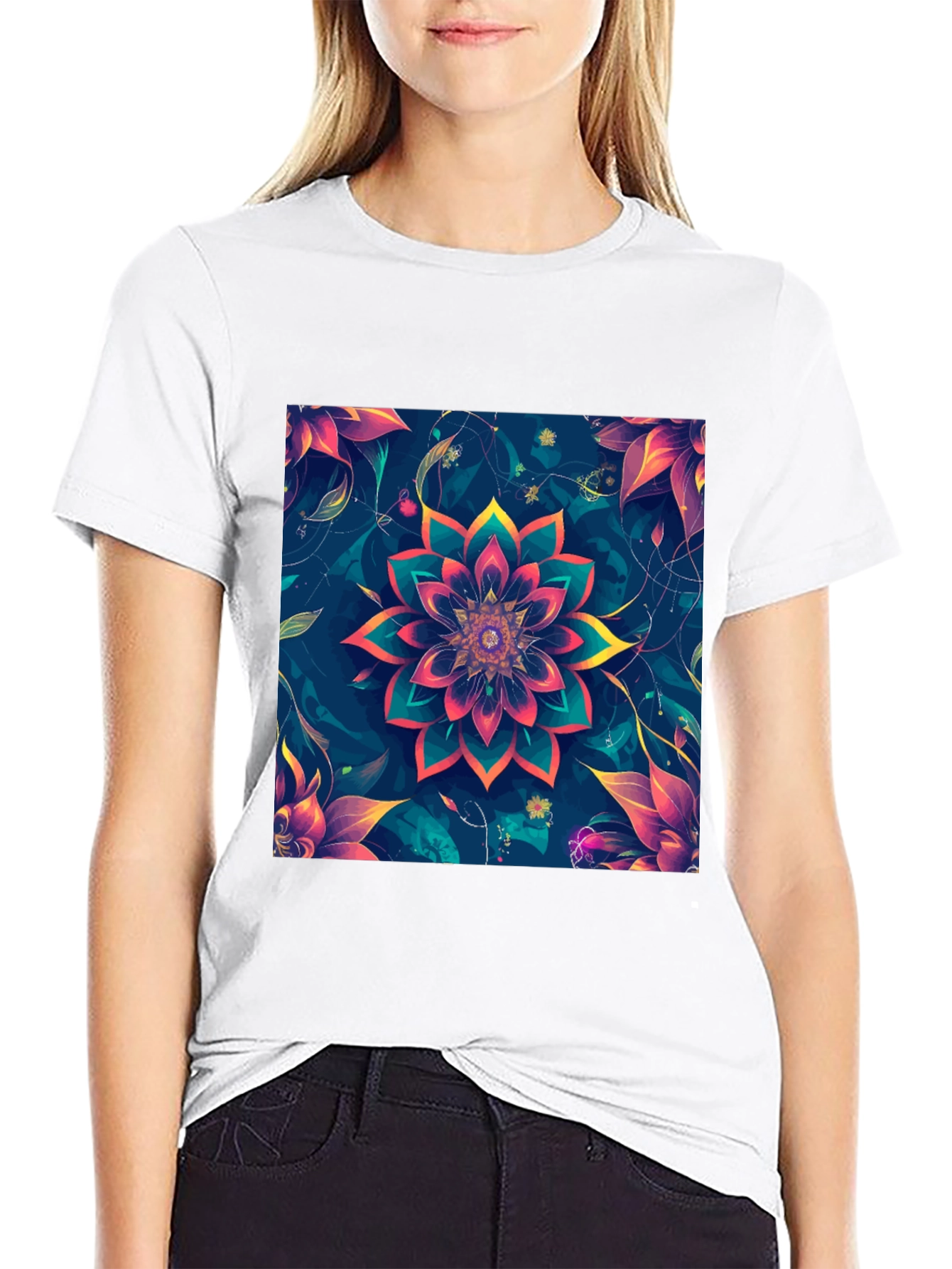 Floral Mandala Graphic Black T-Shirt