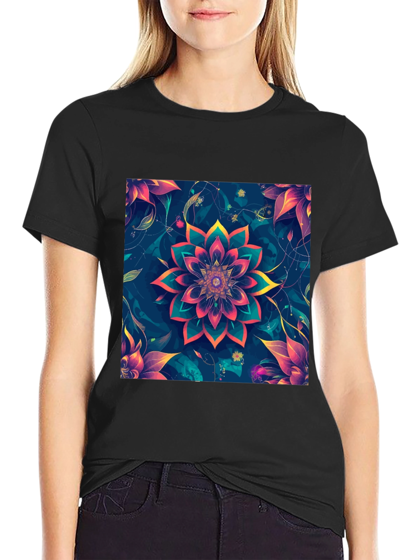 Floral Mandala Graphic Black T-Shirt