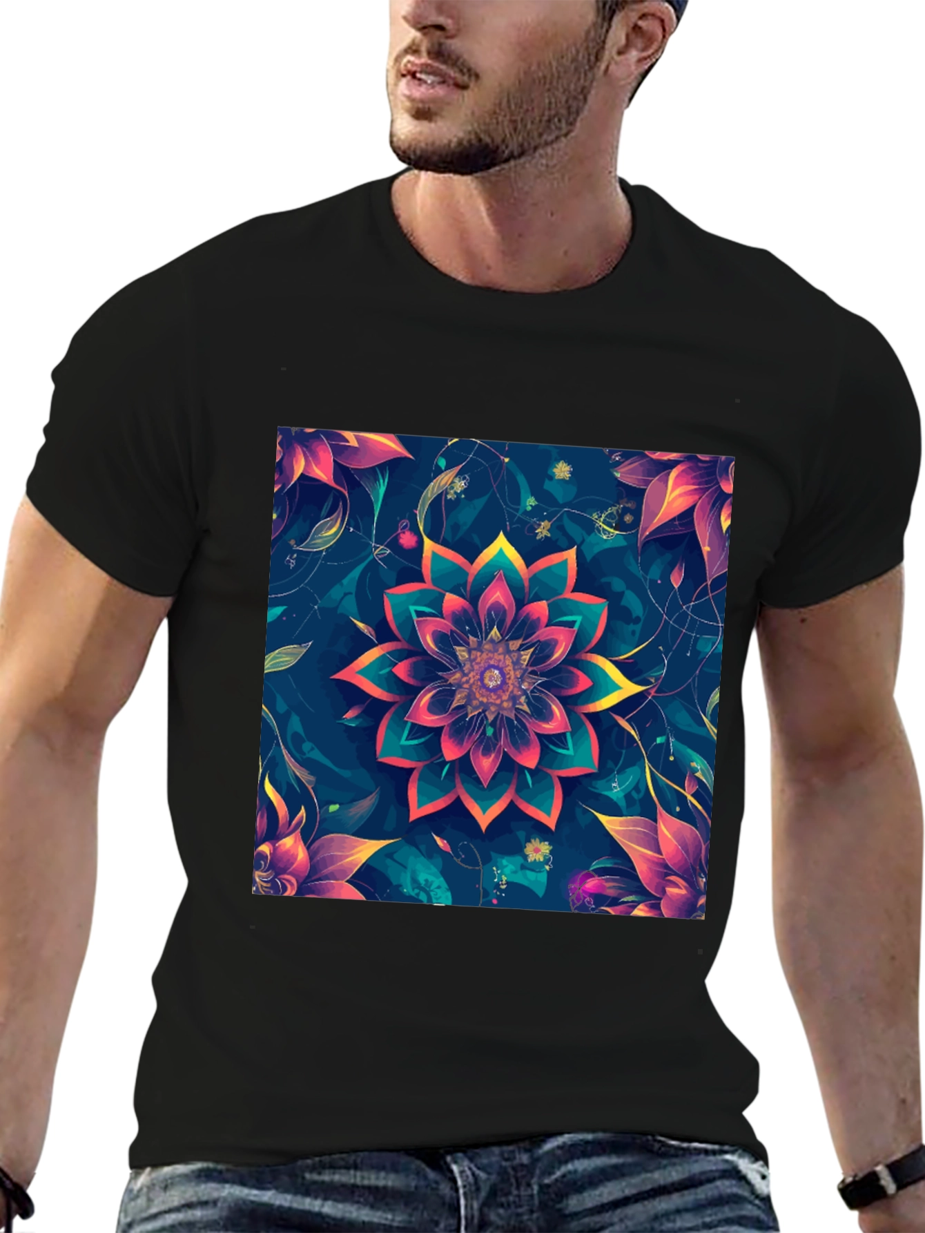 Floral Mandala Graphic Black T-Shirt