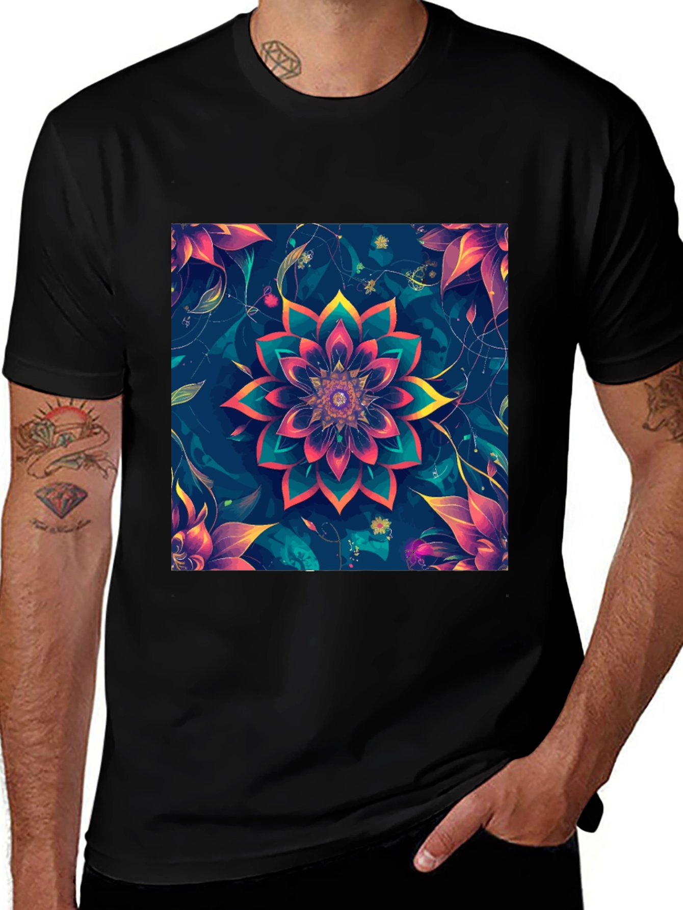 Floral Mandala Graphic Black T-Shirt