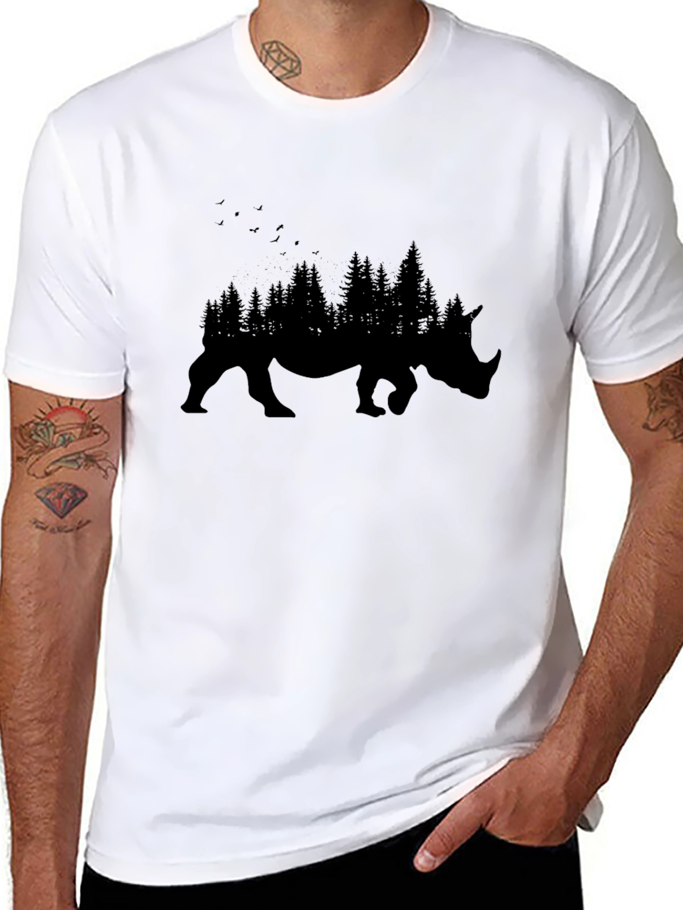 Mens Black Rhino Forest Graphic T-Shirt