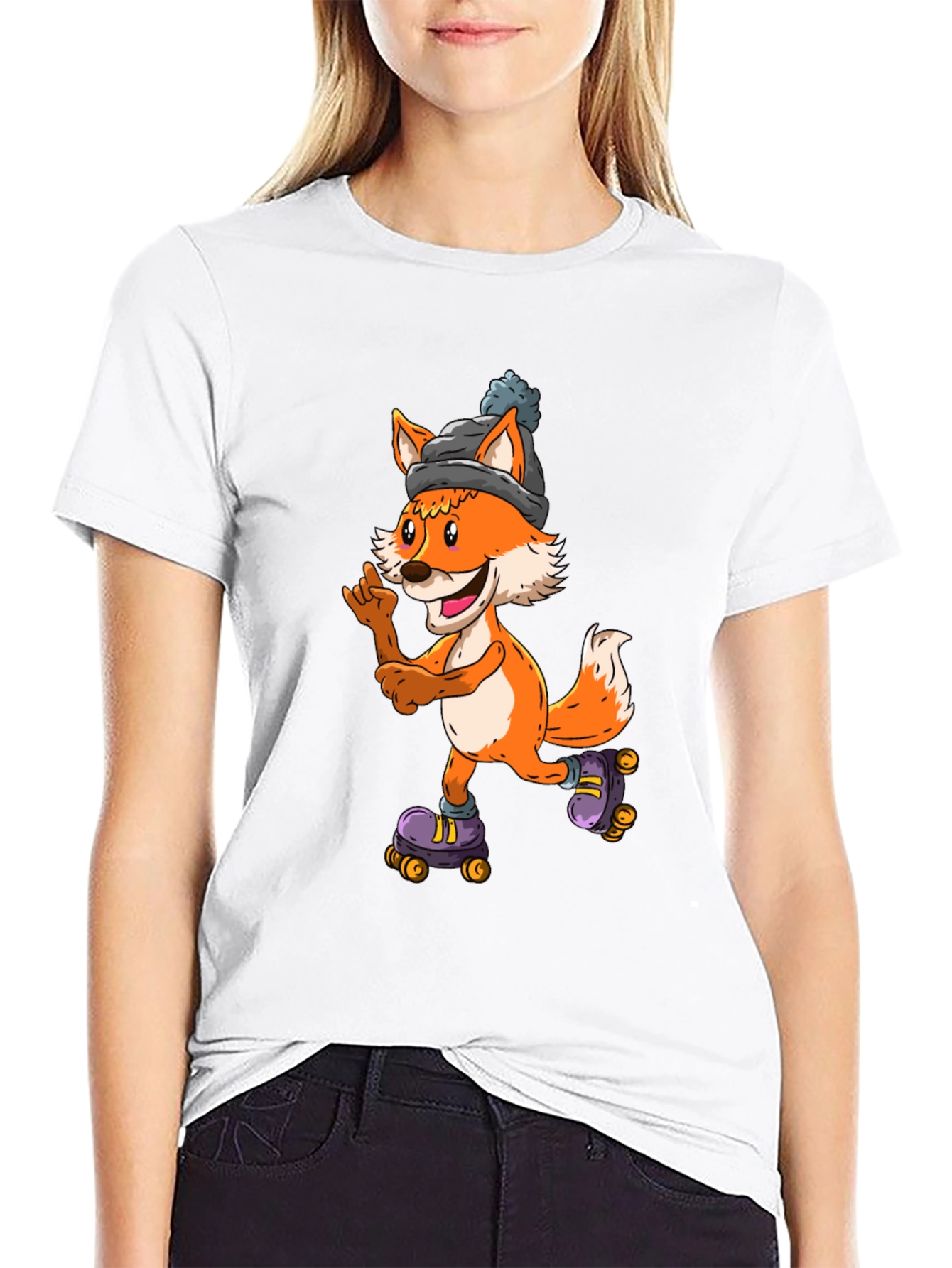 Cool Fox Roller Skating Black T-Shirt