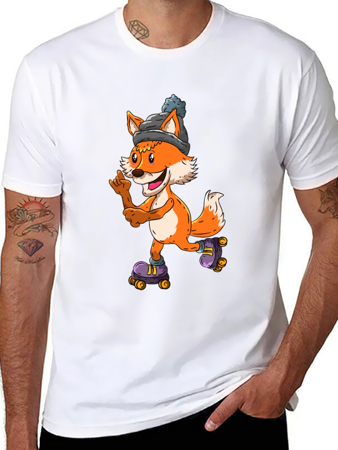 Cool Fox Roller Skating Black T-Shirt