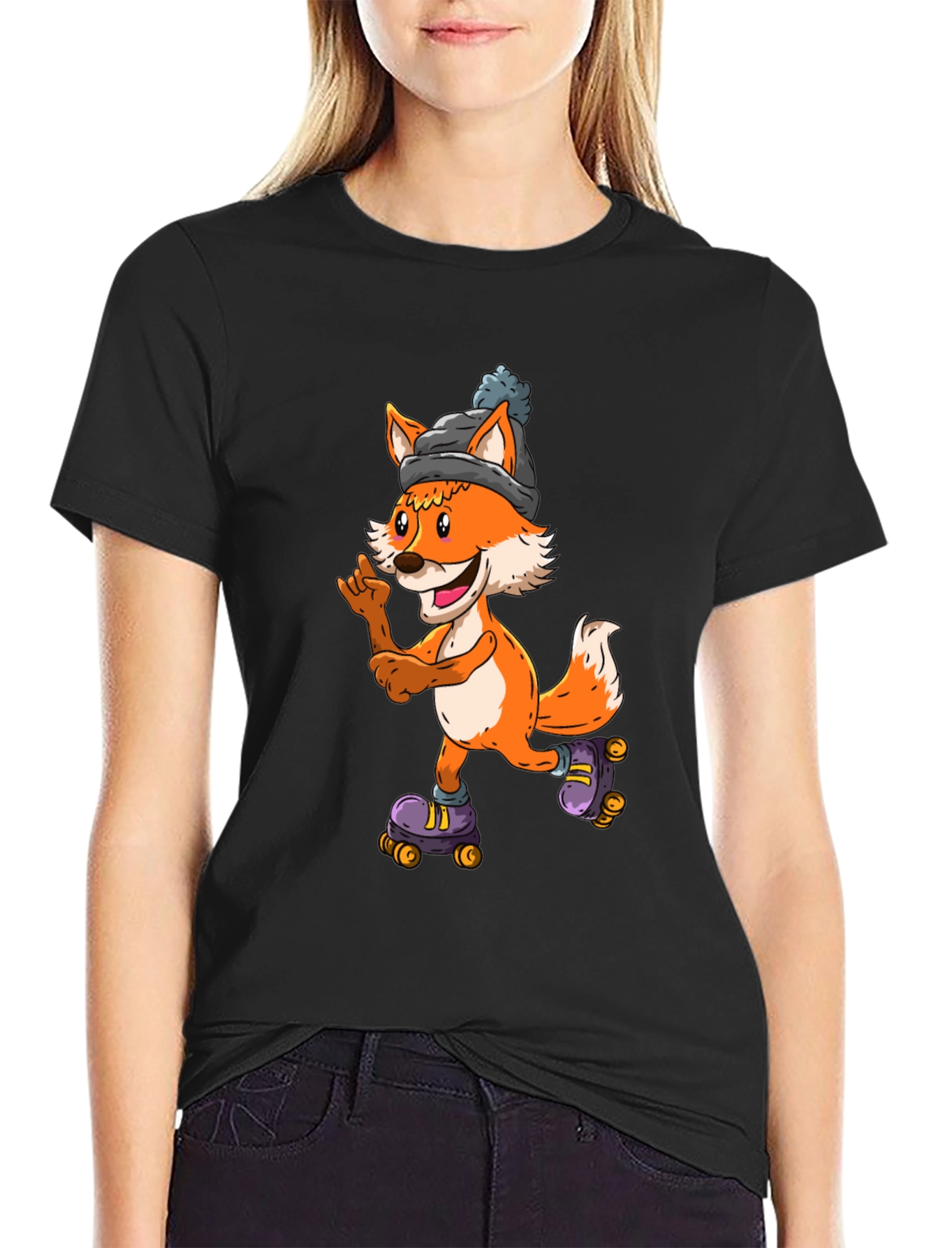 Cool Fox Roller Skating Black T-Shirt