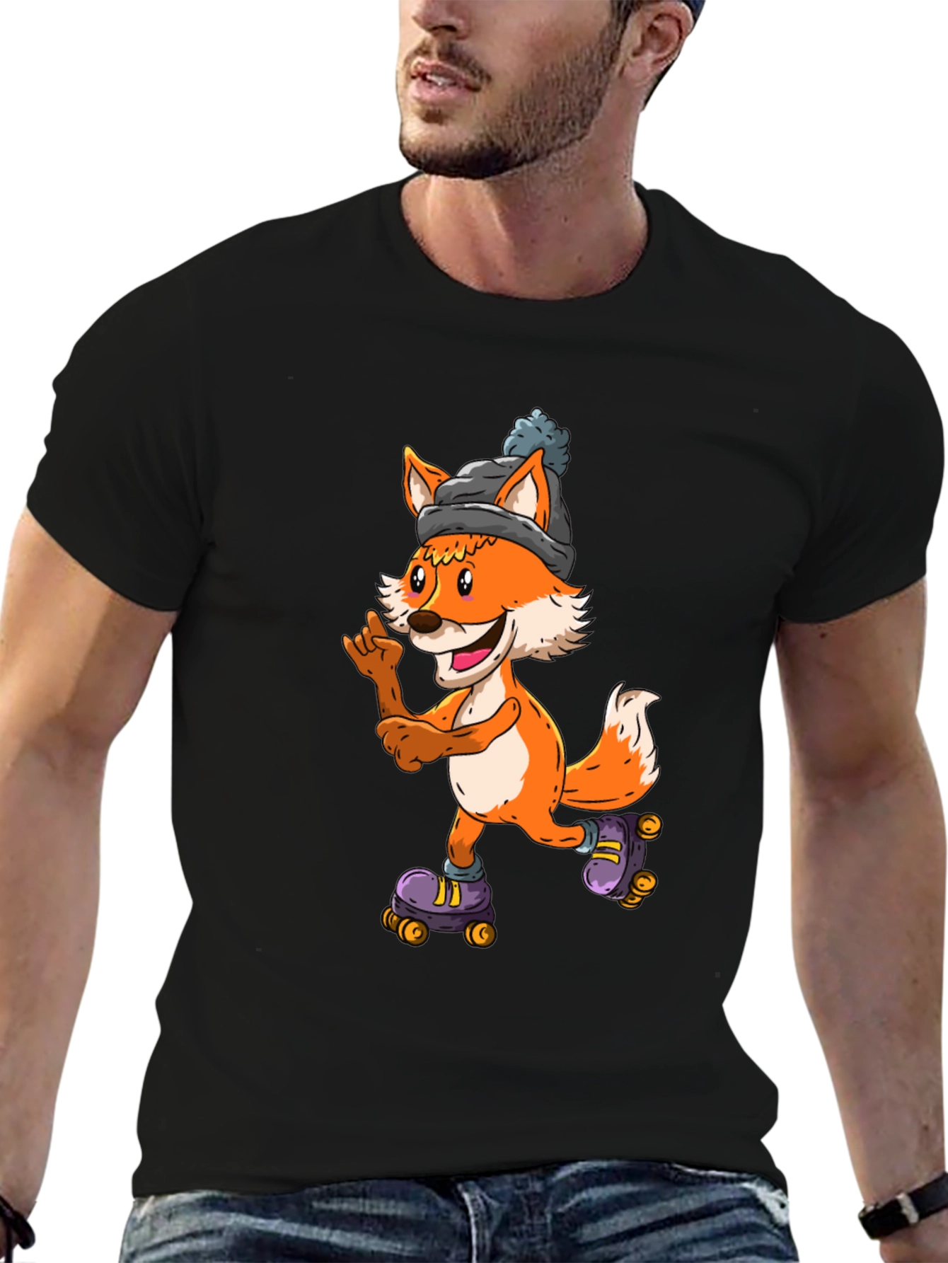 Cool Fox Roller Skating Black T-Shirt