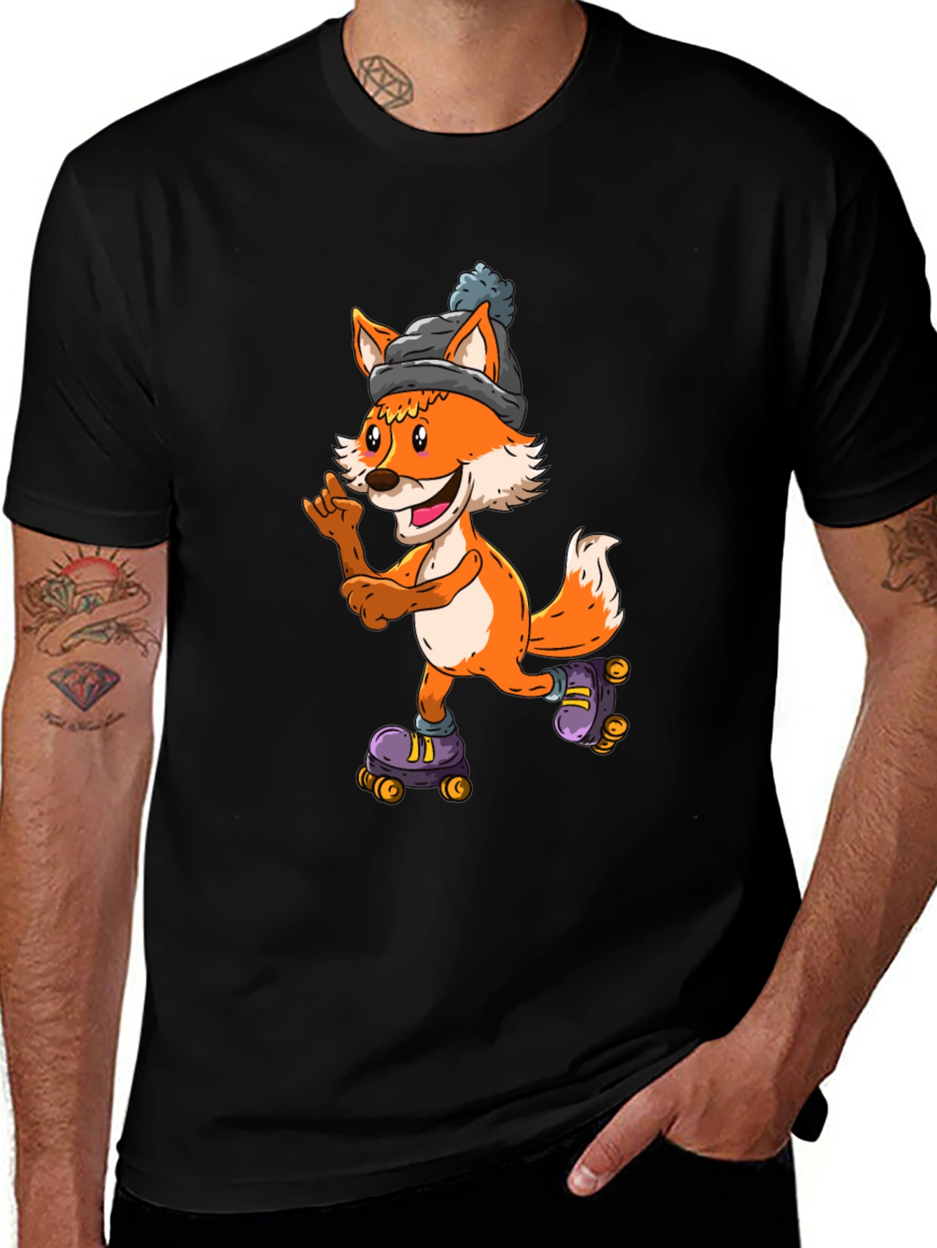 Cool Fox Roller Skating Black T-Shirt