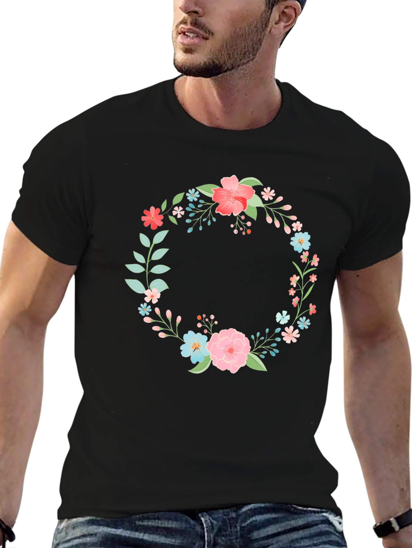 Floral Wreath Graphic Tee - Stylish Black T-Shirt
