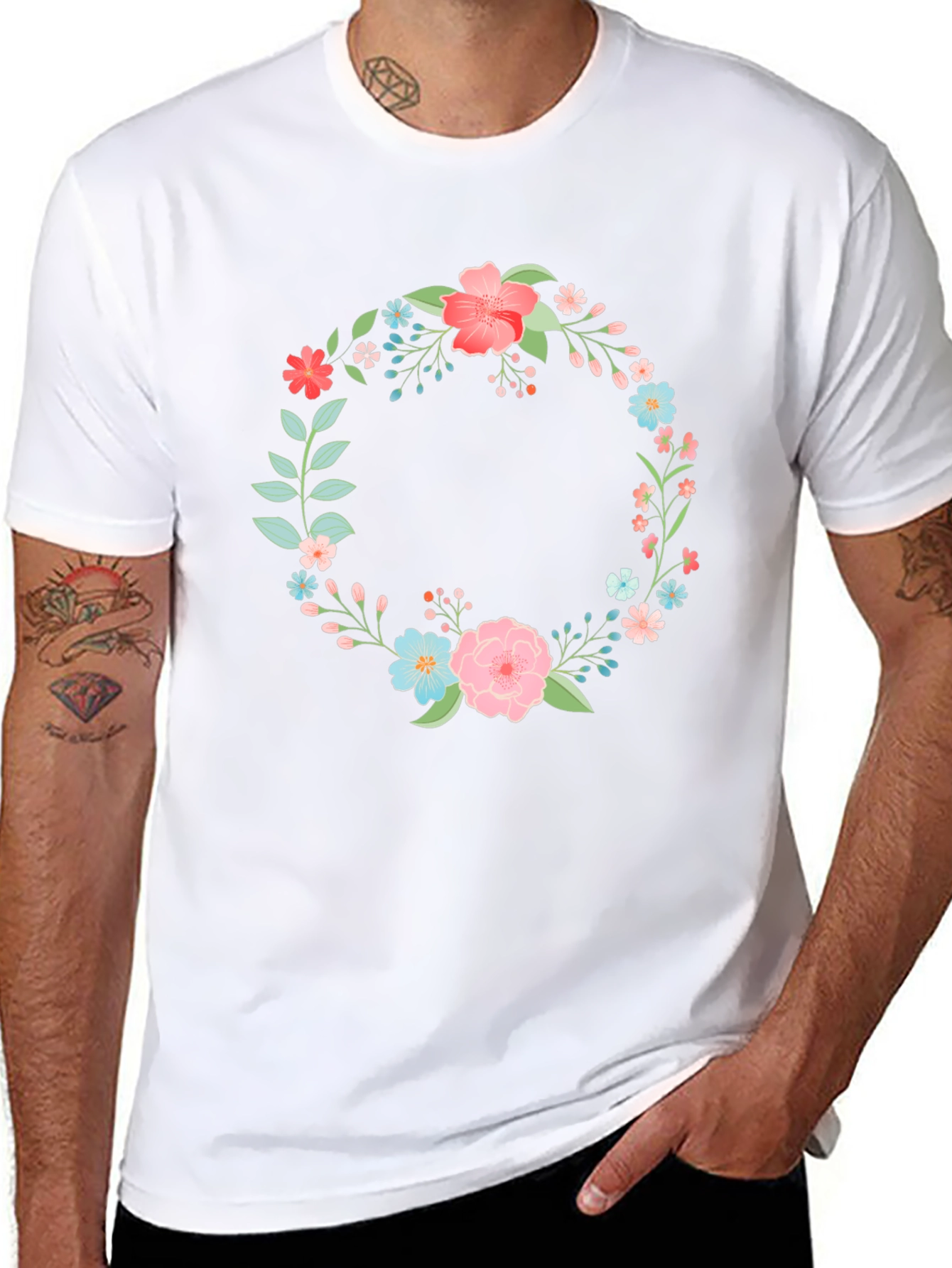 Floral Wreath Graphic Tee - Stylish Black T-Shirt