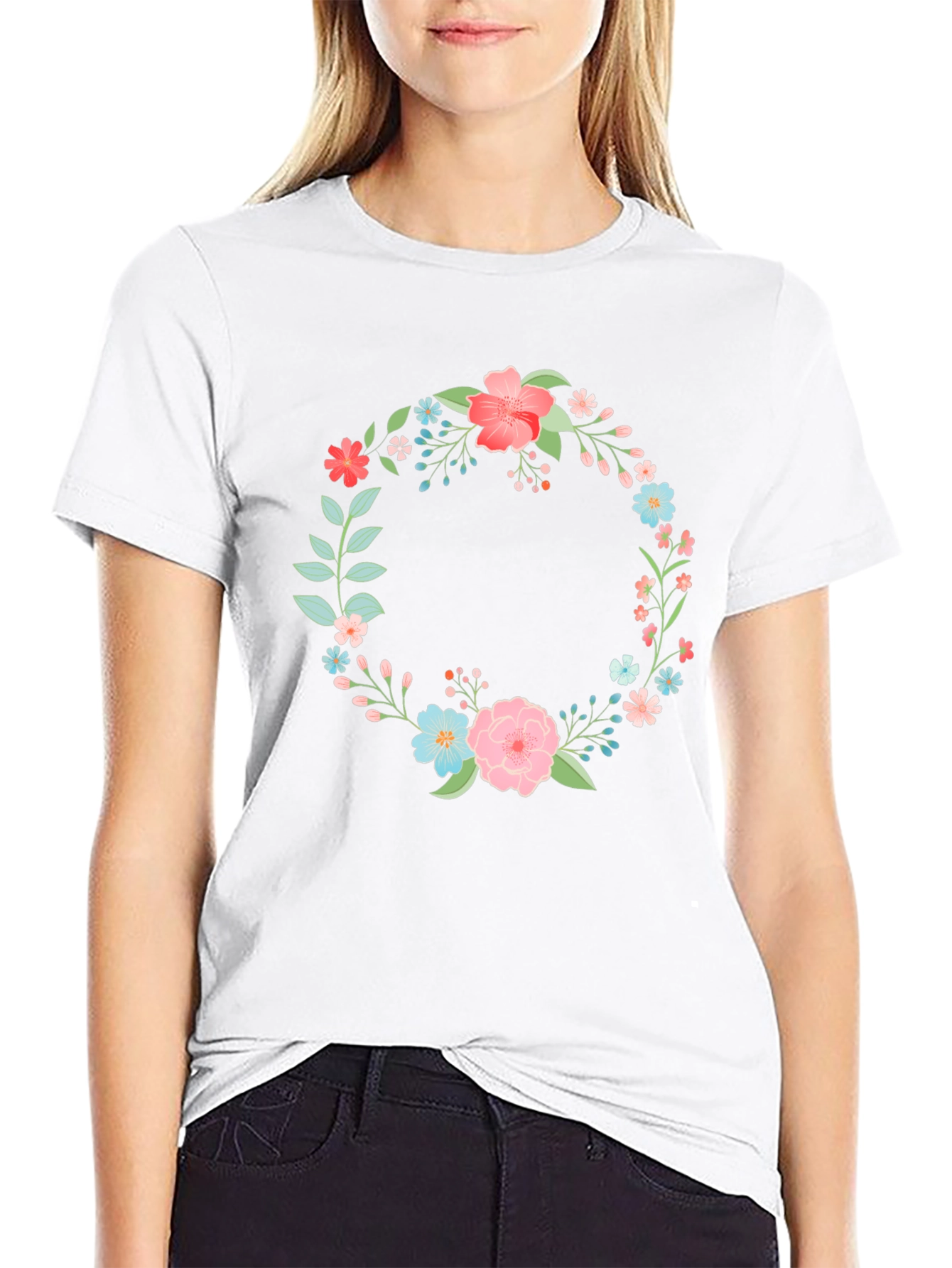 Floral Wreath Graphic Tee - Stylish Black T-Shirt