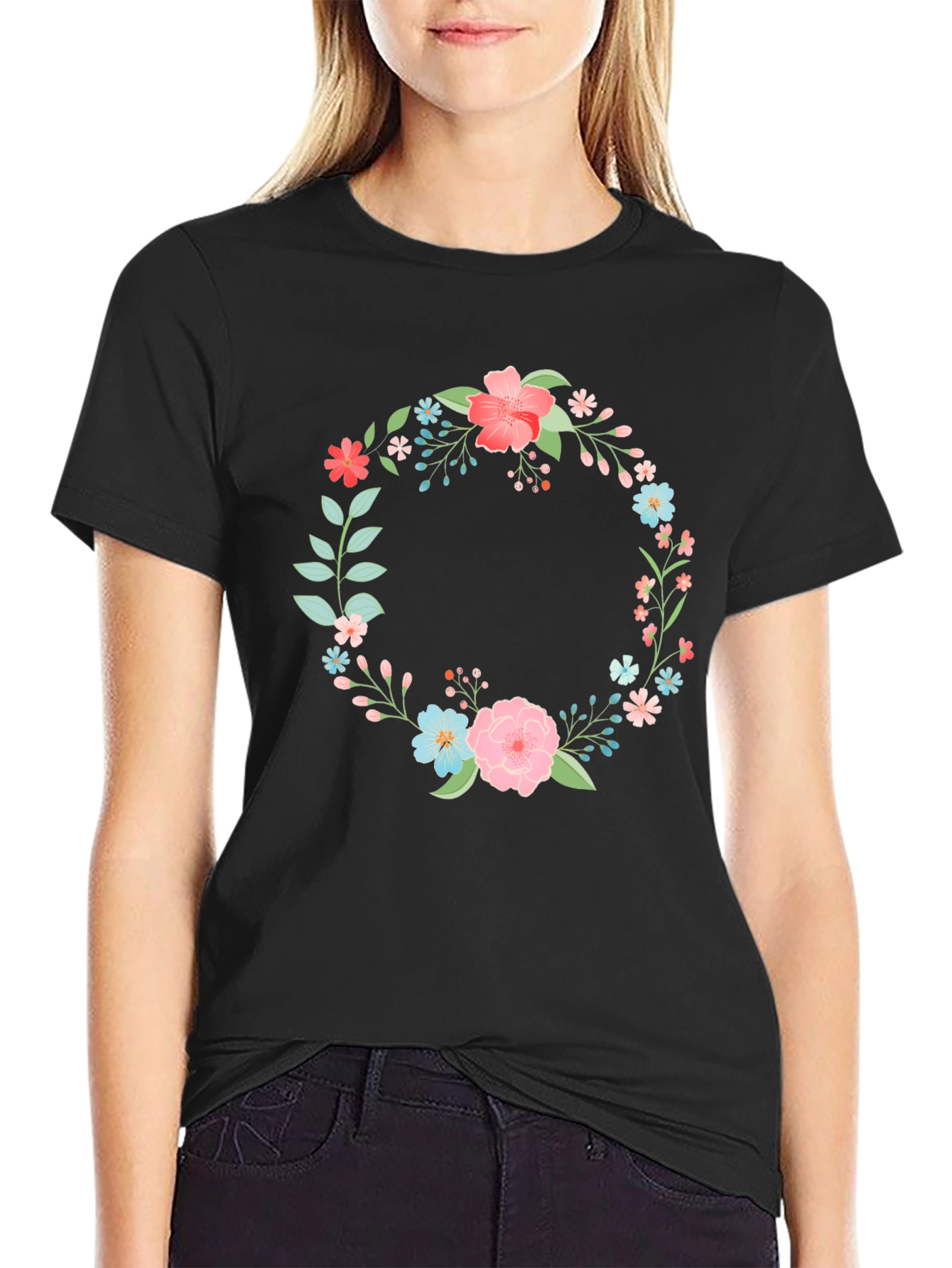 Floral Wreath Graphic Tee - Stylish Black T-Shirt