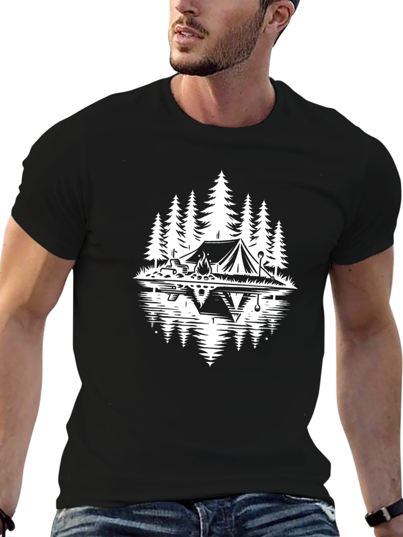 Camping Scene Graphic Tee - Black Cotton Comfort