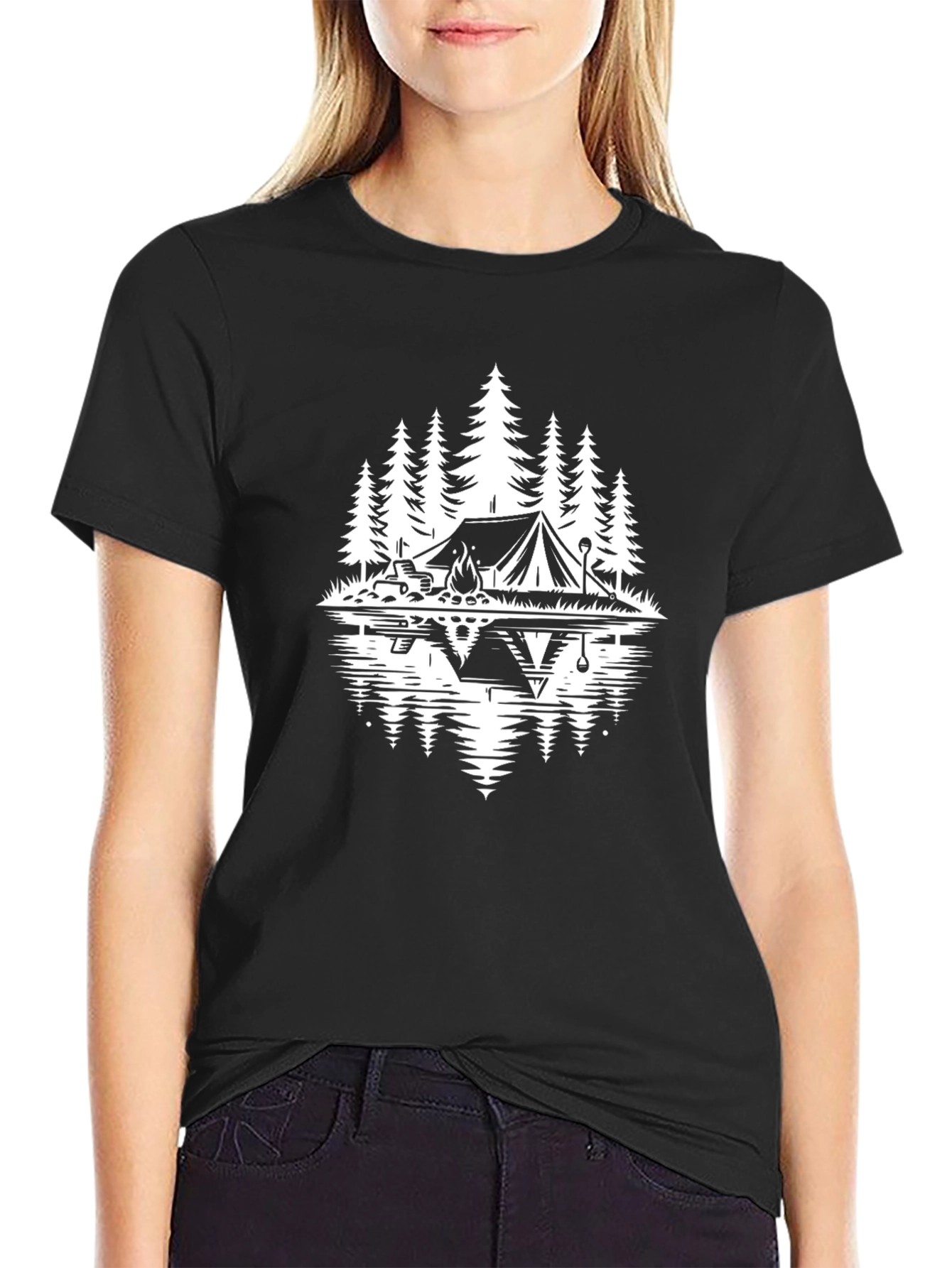 Camping Scene Graphic Tee - Black Cotton Comfort
