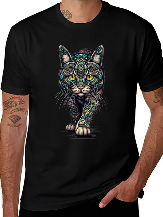 Mens Black Cat Graphic Tee - Stylish Printed T-Shirt