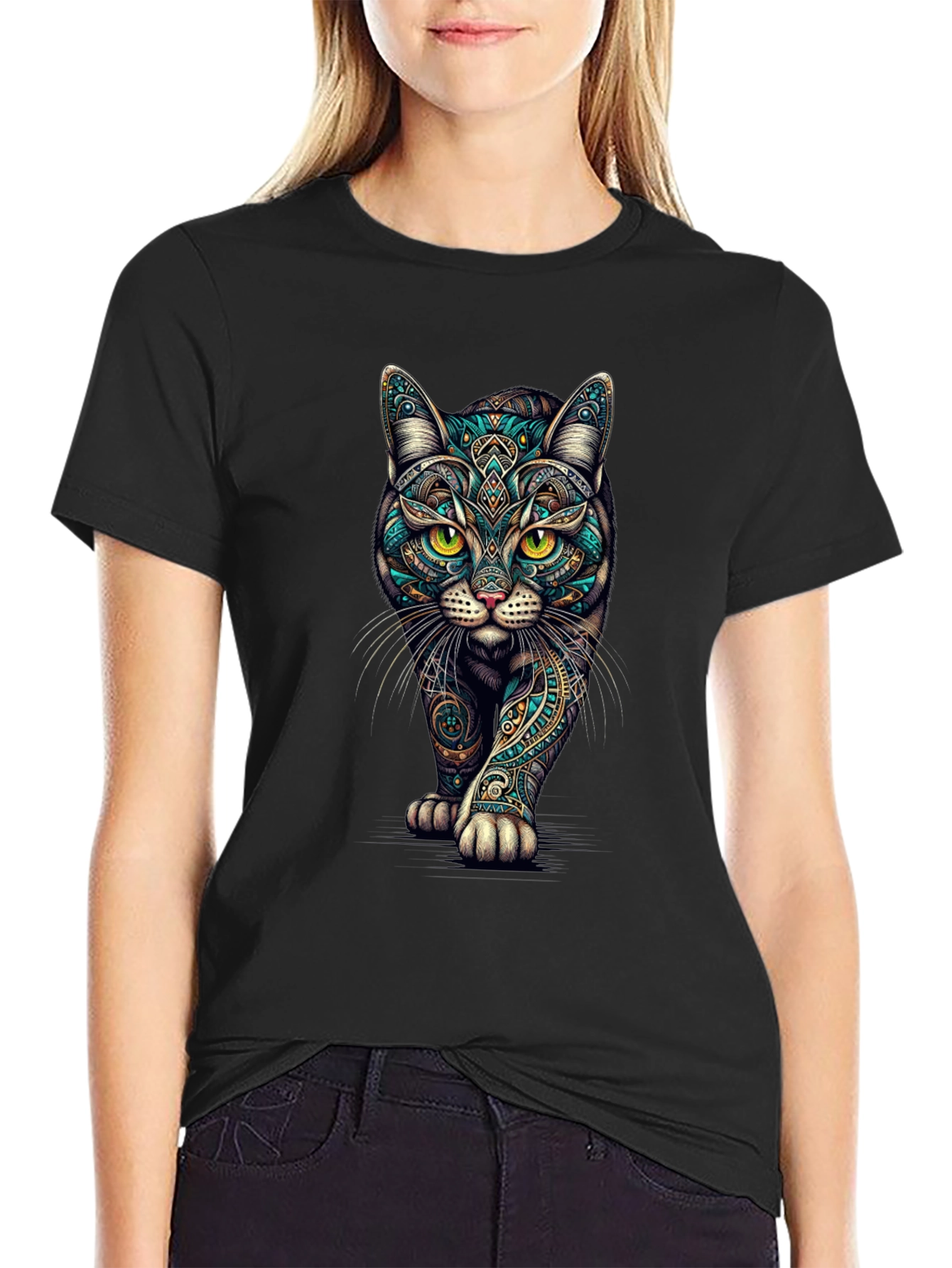 Mens Black Cat Graphic Tee - Stylish Printed T-Shirt