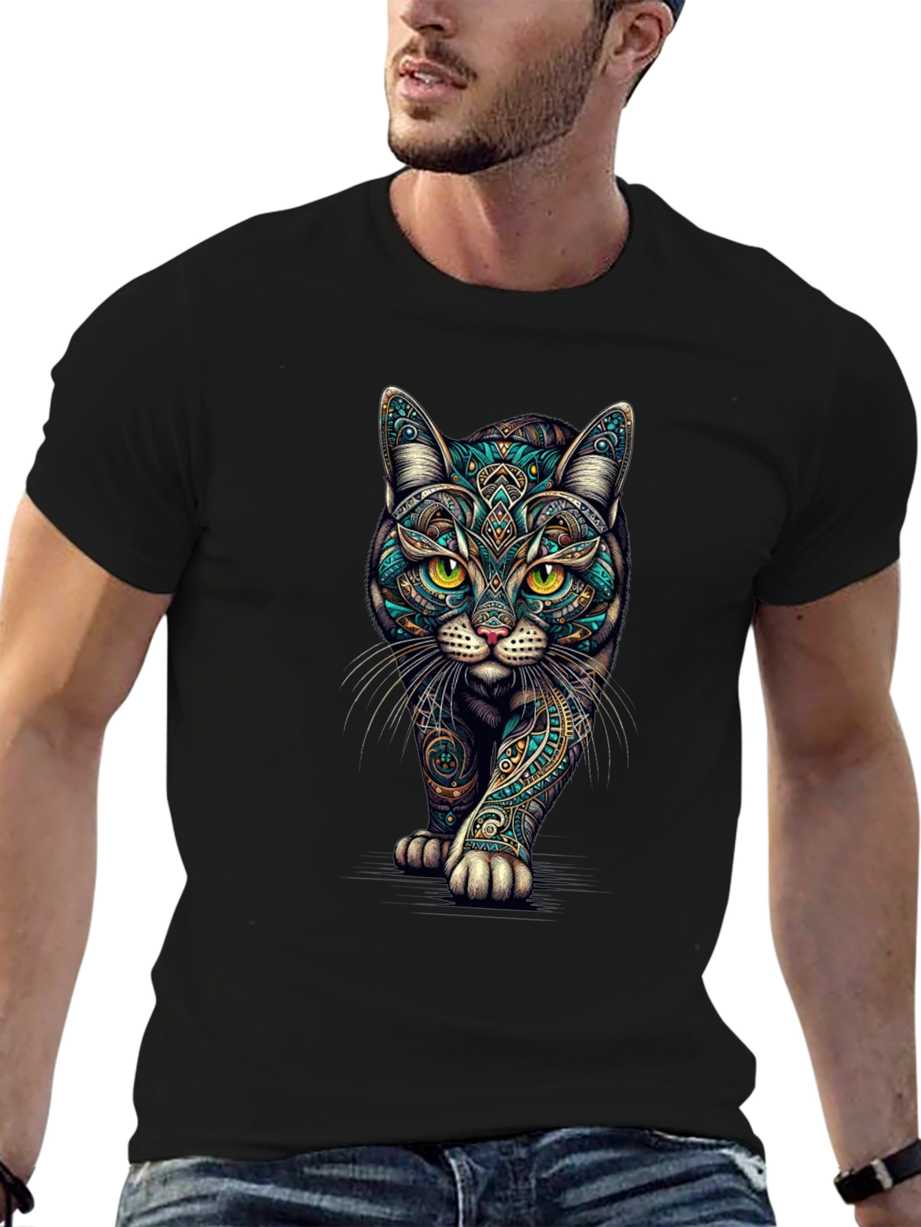 Mens Black Cat Graphic Tee - Stylish Printed T-Shirt