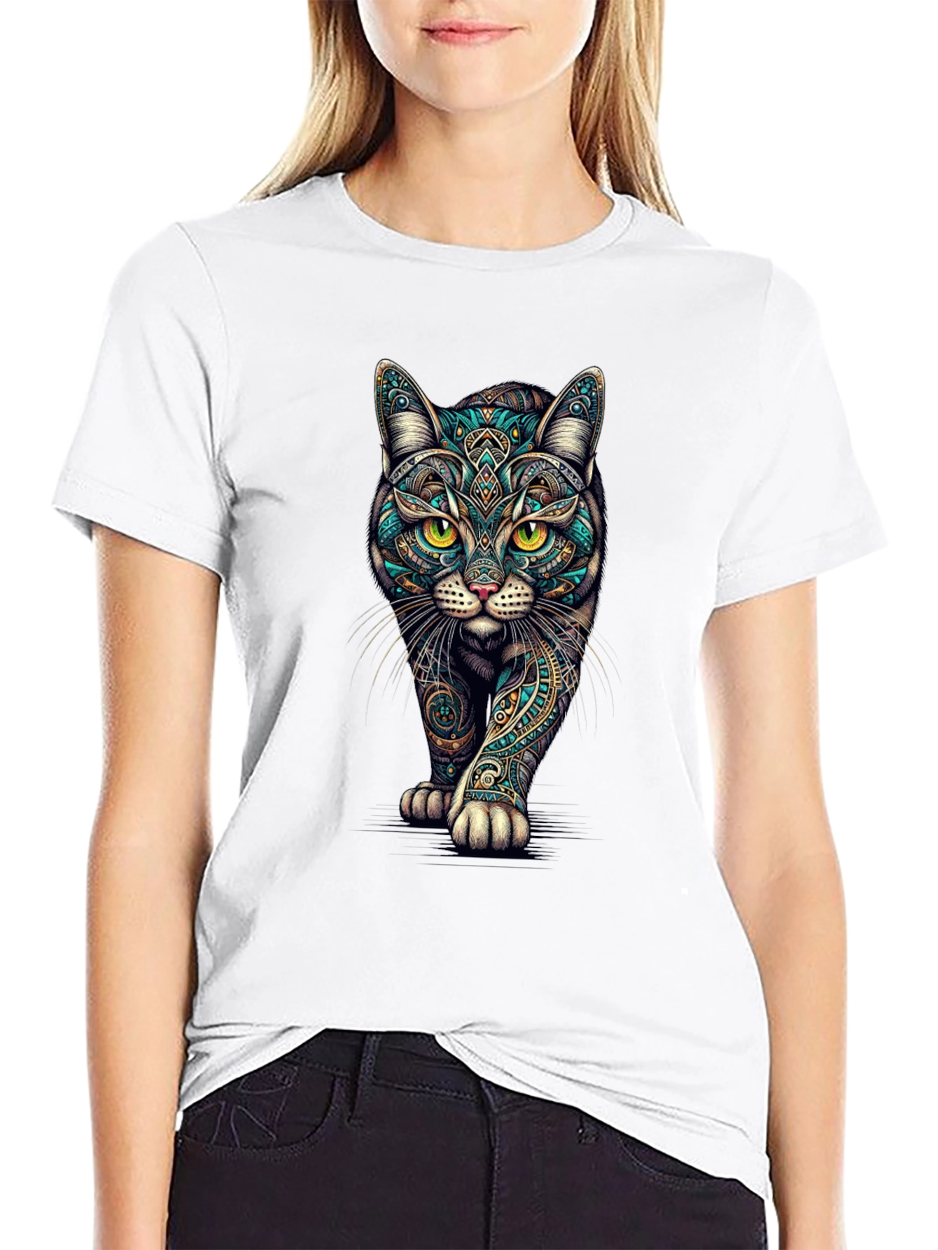 Mens Black Cat Graphic Tee - Stylish Printed T-Shirt