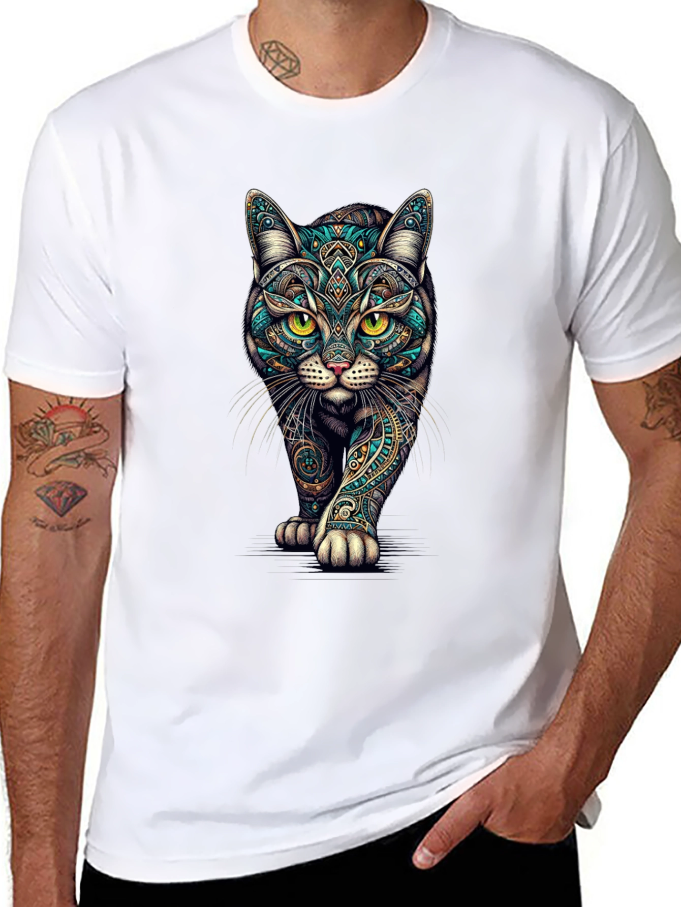 Mens Black Cat Graphic Tee - Stylish Printed T-Shirt