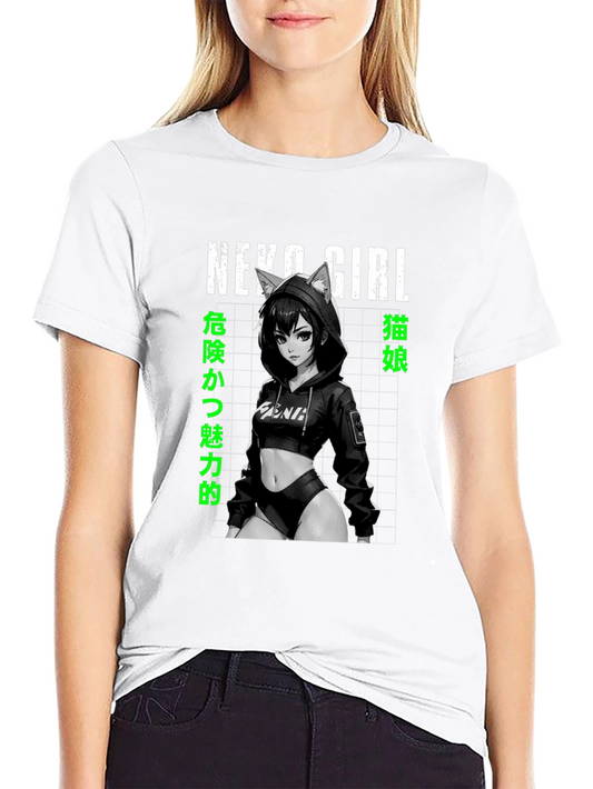 Neko Girl Anime Graphic T-Shirt - Black