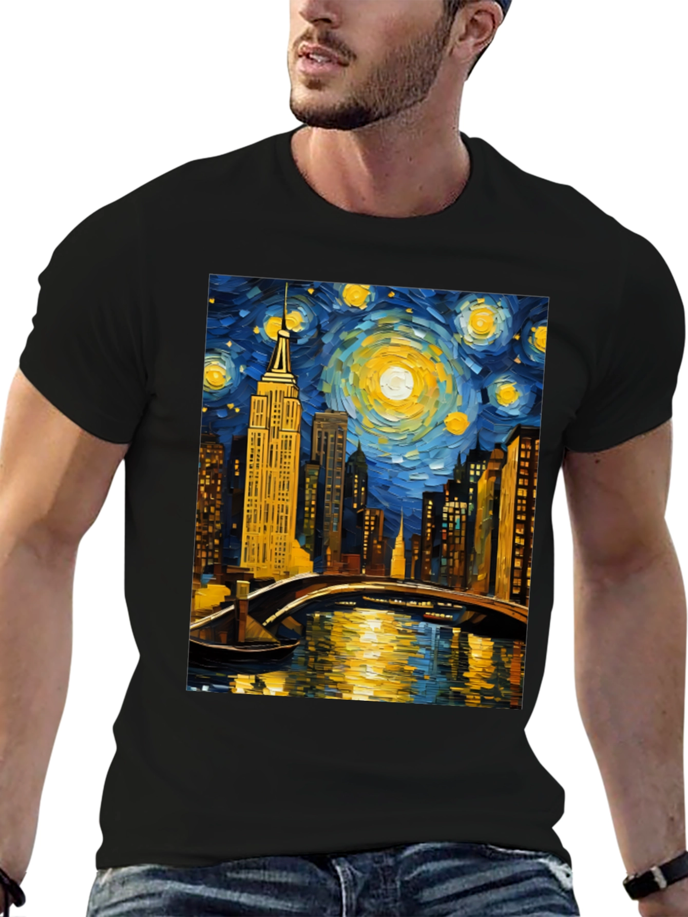 Starry Night Cityscape Tee - Artistic Graphic T-Shirt