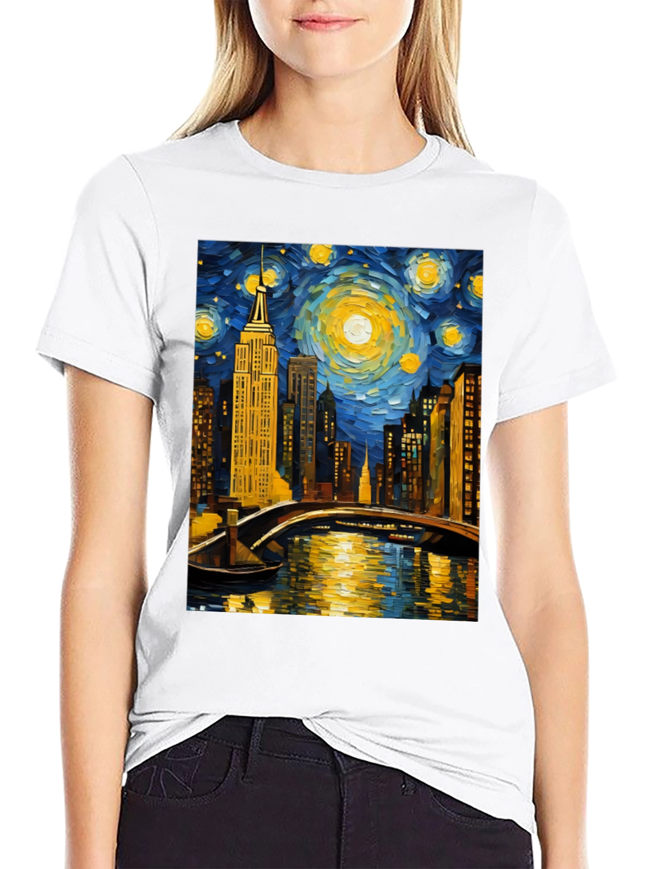 Starry Night Cityscape Tee - Artistic Graphic T-Shirt
