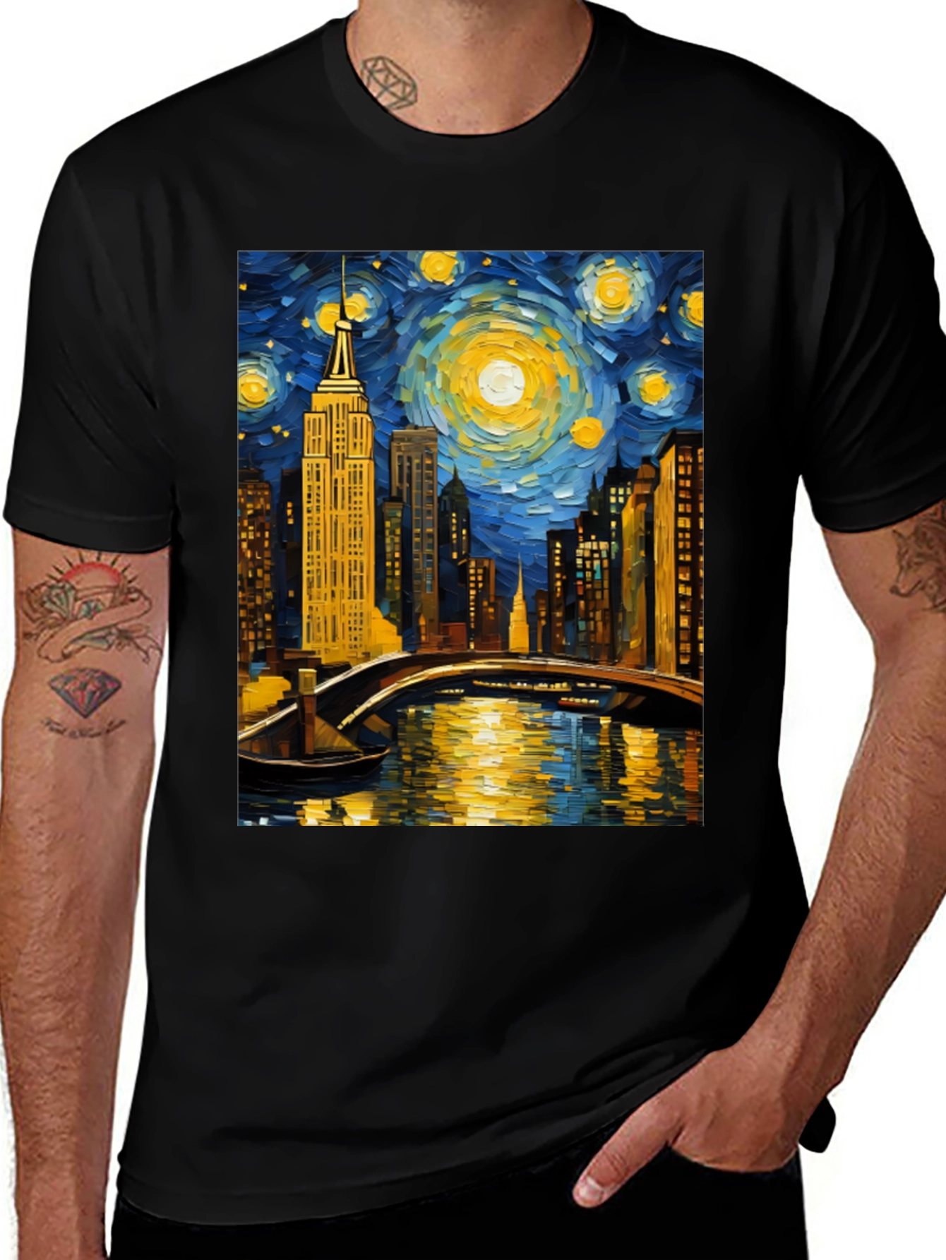 Starry Night Cityscape Tee - Artistic Graphic T-Shirt