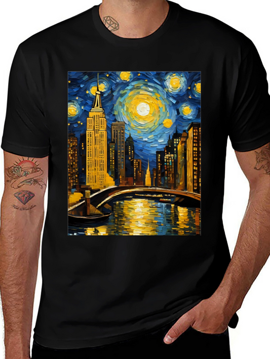 Starry Night Cityscape Tee - Artistic Graphic T-Shirt