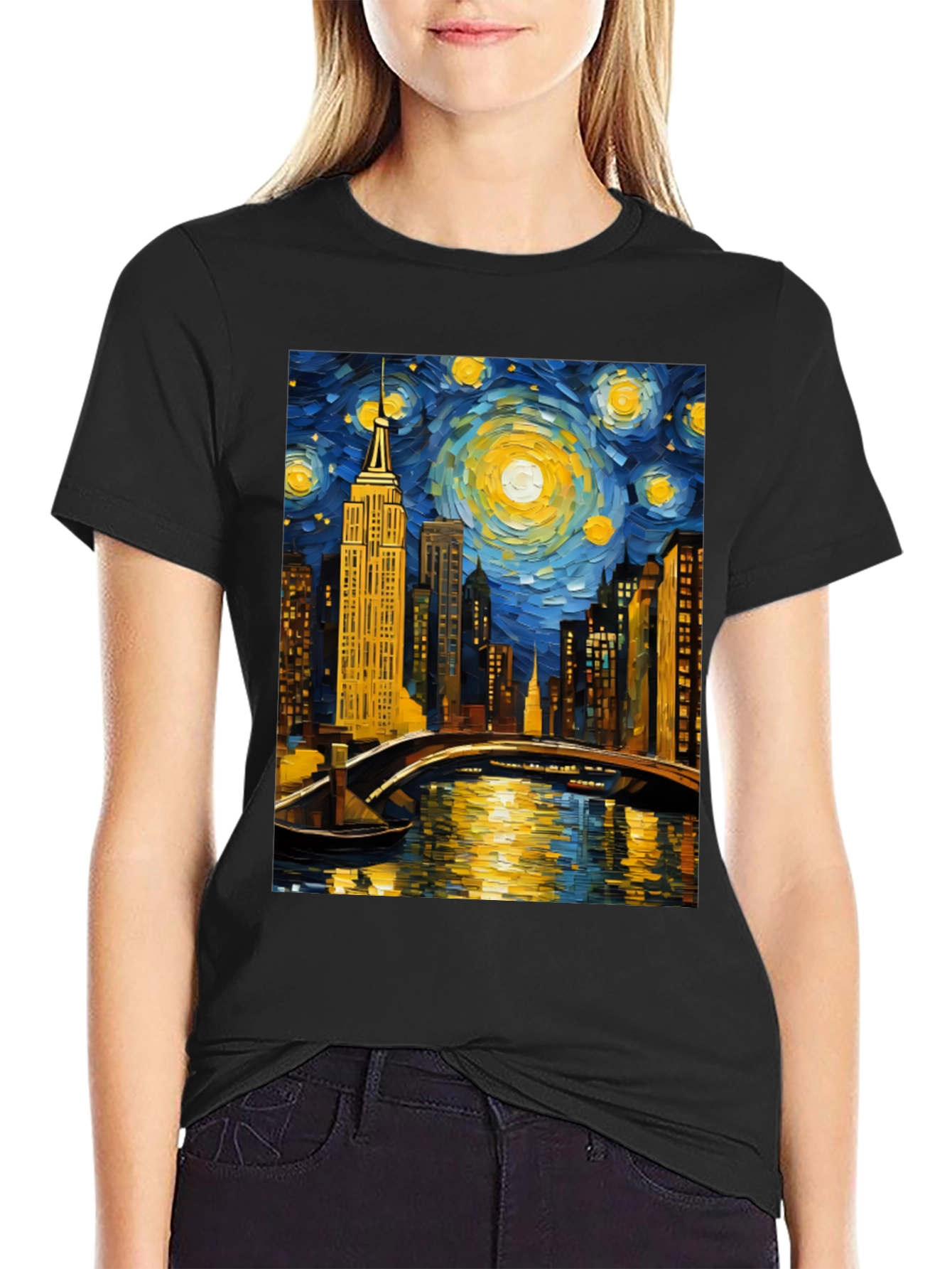 Starry Night Cityscape Tee - Artistic Graphic T-Shirt