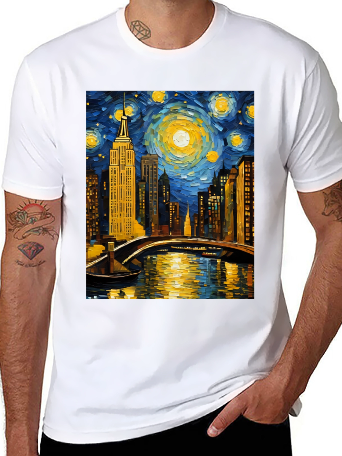 Starry Night Cityscape Tee - Artistic Graphic T-Shirt