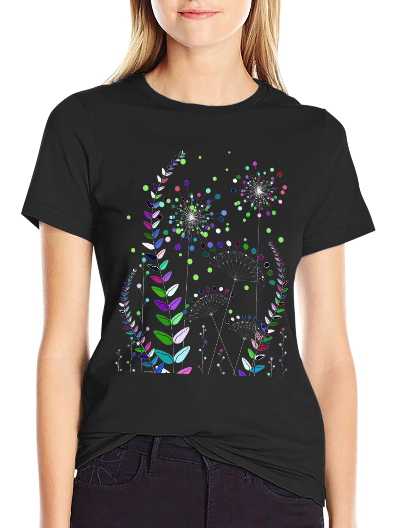 Floral Fireworks Graphic Print Black T-Shirt
