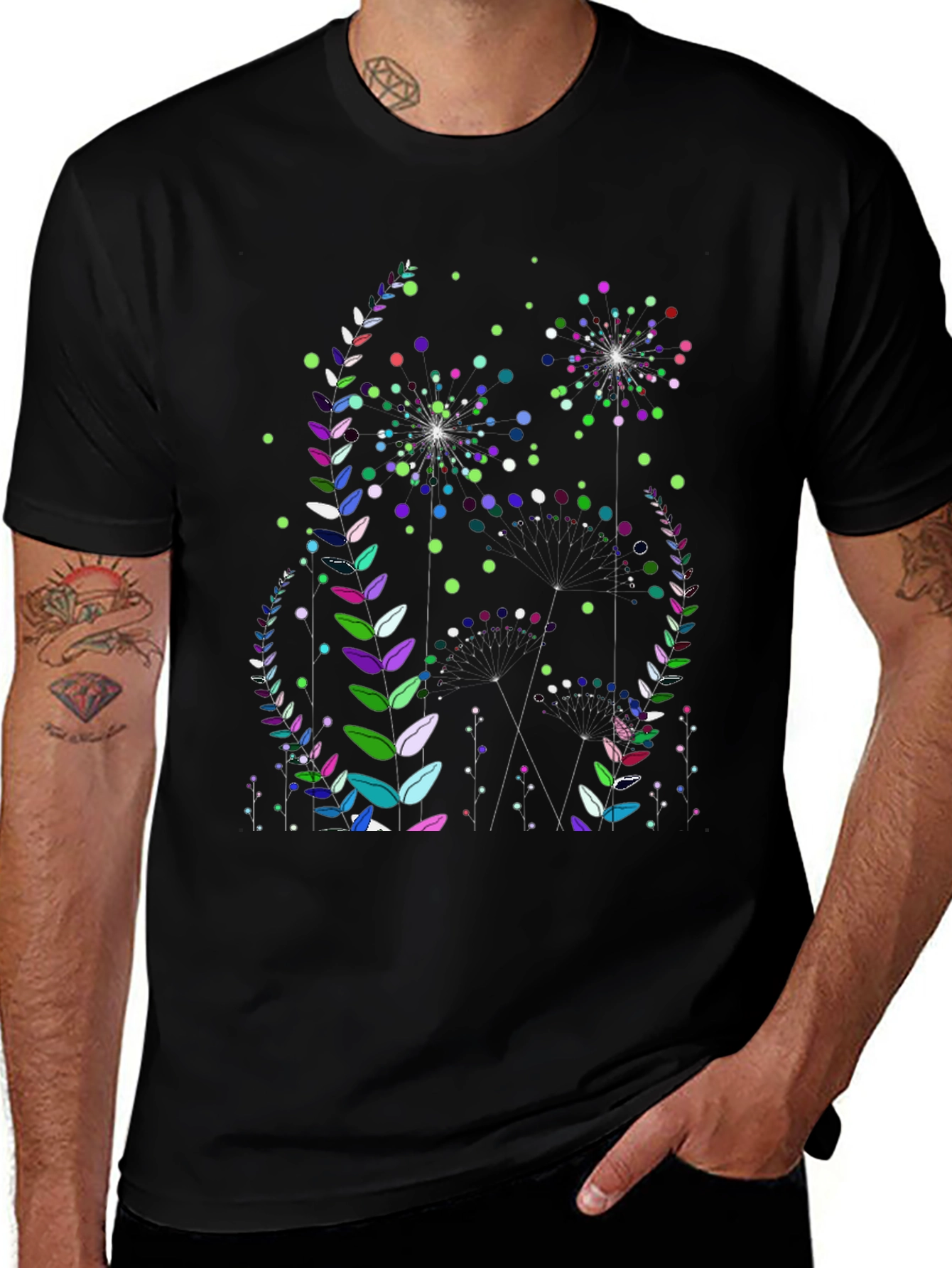 Floral Fireworks Graphic Print Black T-Shirt