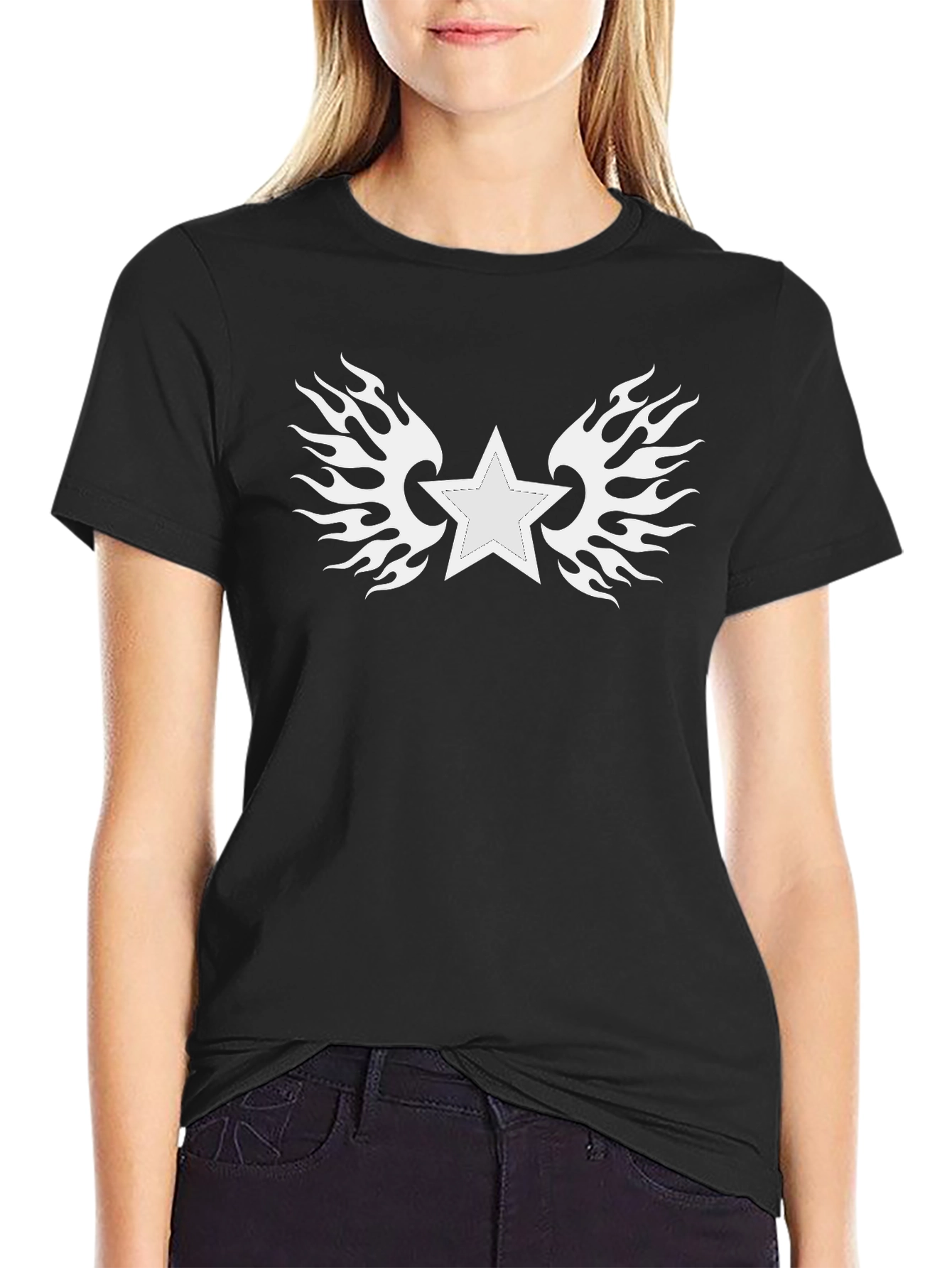 Star with Flames Graphic Tee - Black Cotton