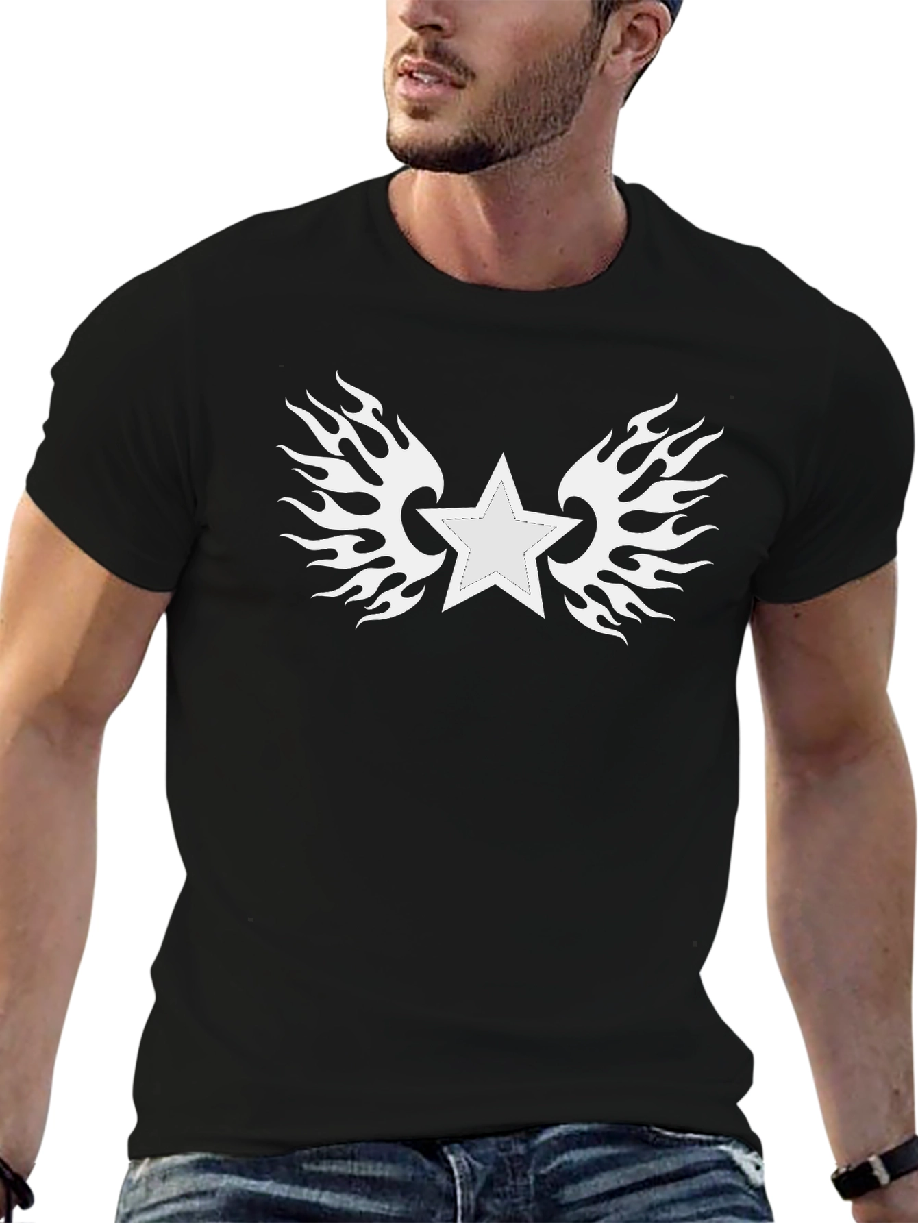 Star with Flames Graphic Tee - Black Cotton