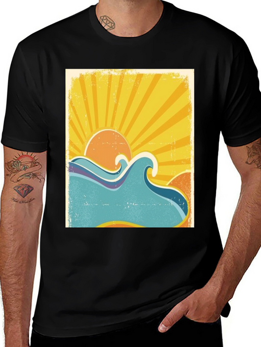 Vintage Wave & Sun Graphic Tee - Black