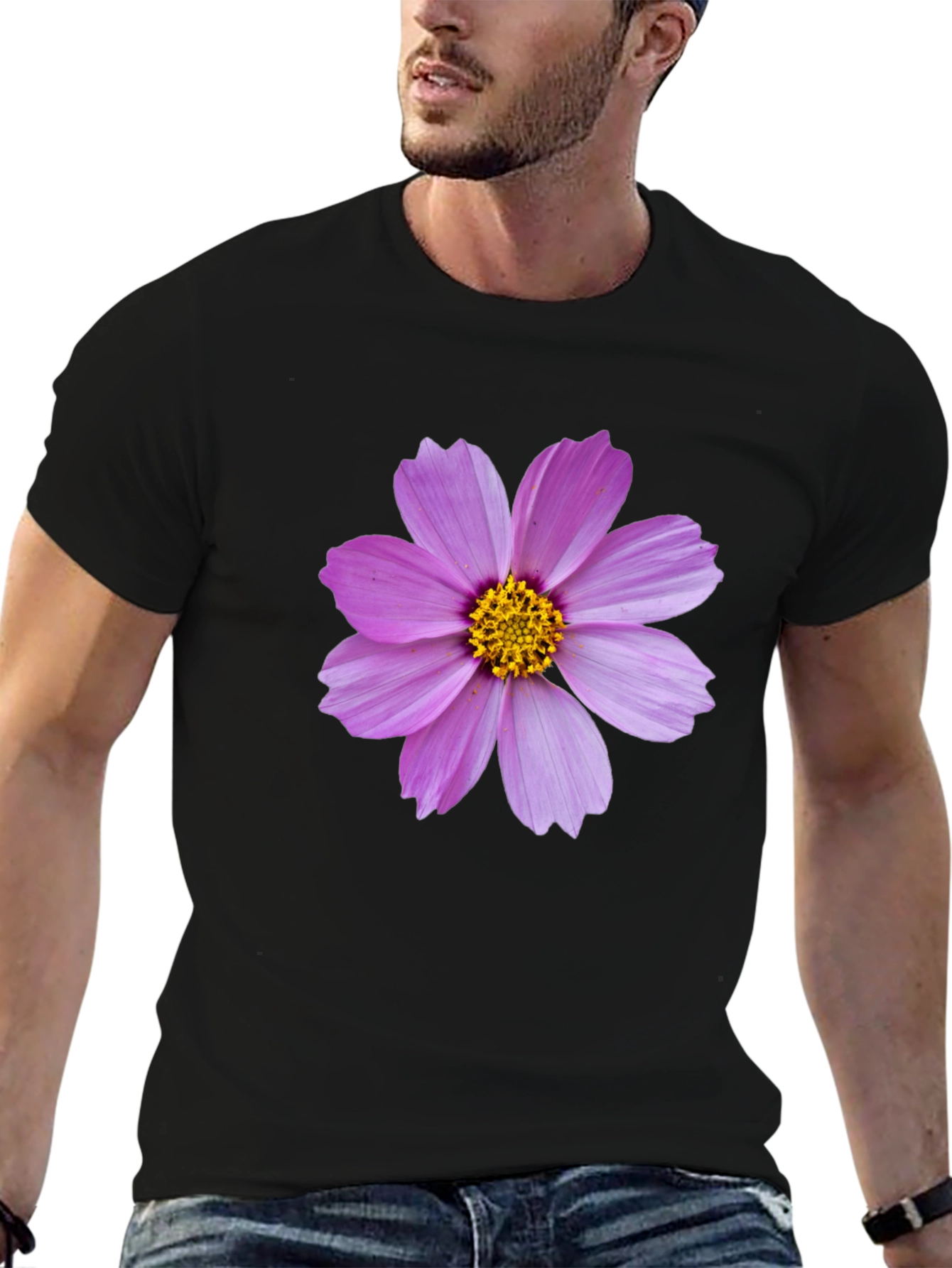 Black T-shirt with Pink Flower Graphic