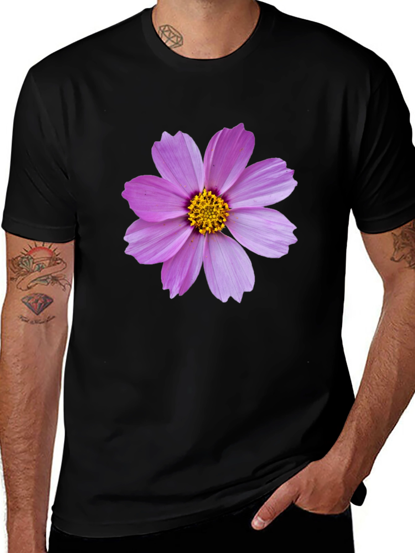 Black T-shirt with Pink Flower Graphic