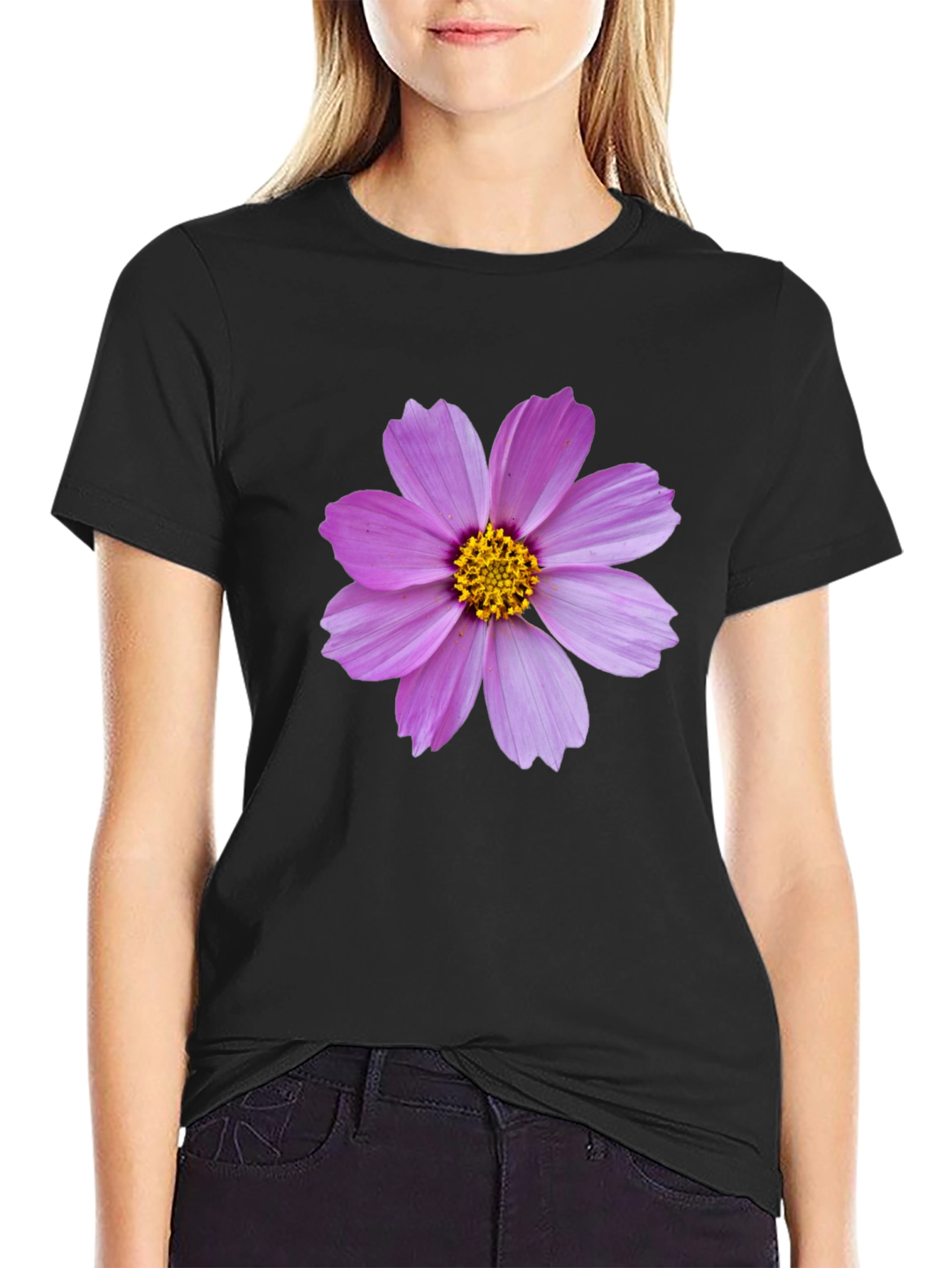 Black T-shirt with Pink Flower Graphic