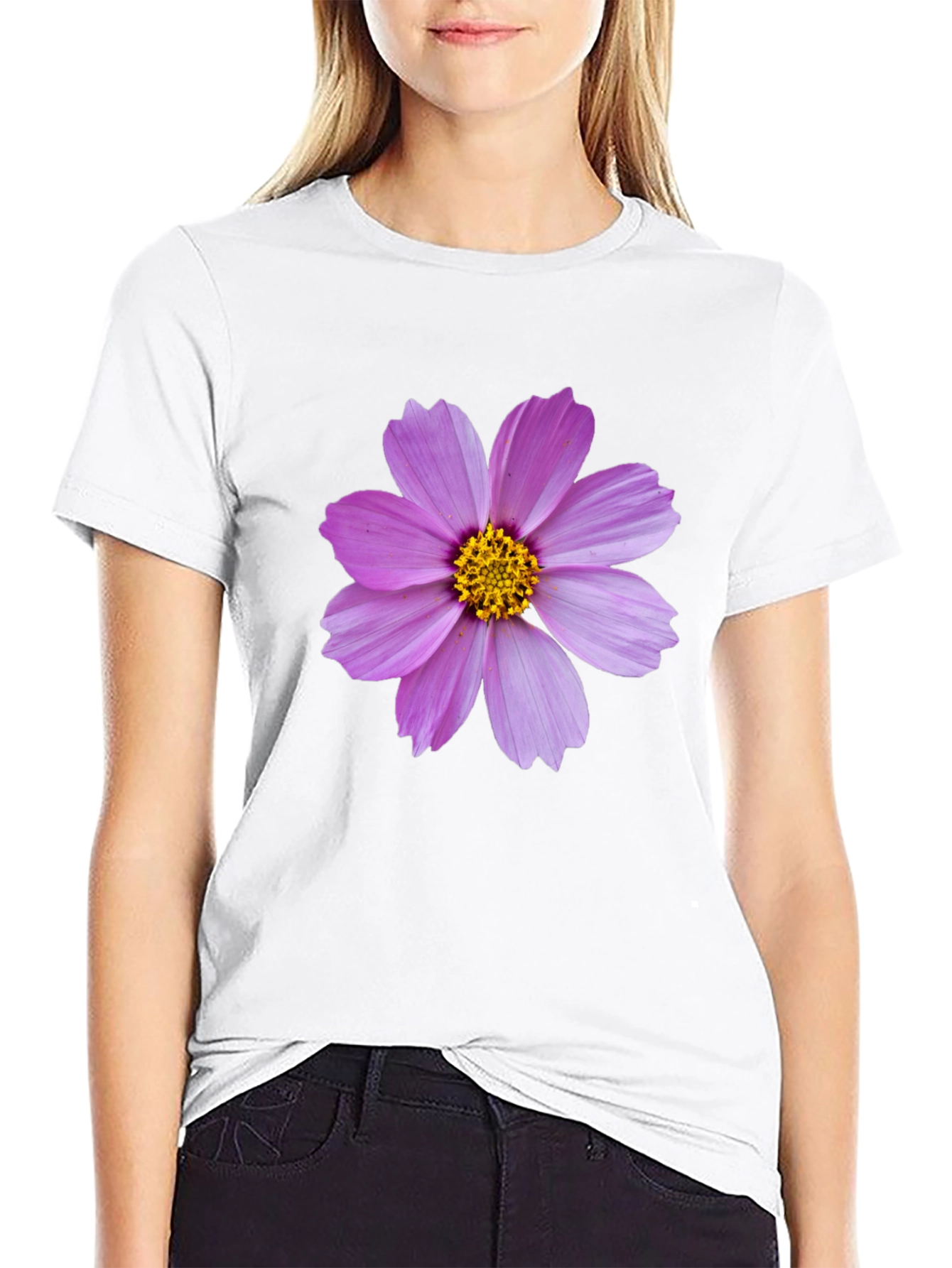 Black T-shirt with Pink Flower Graphic