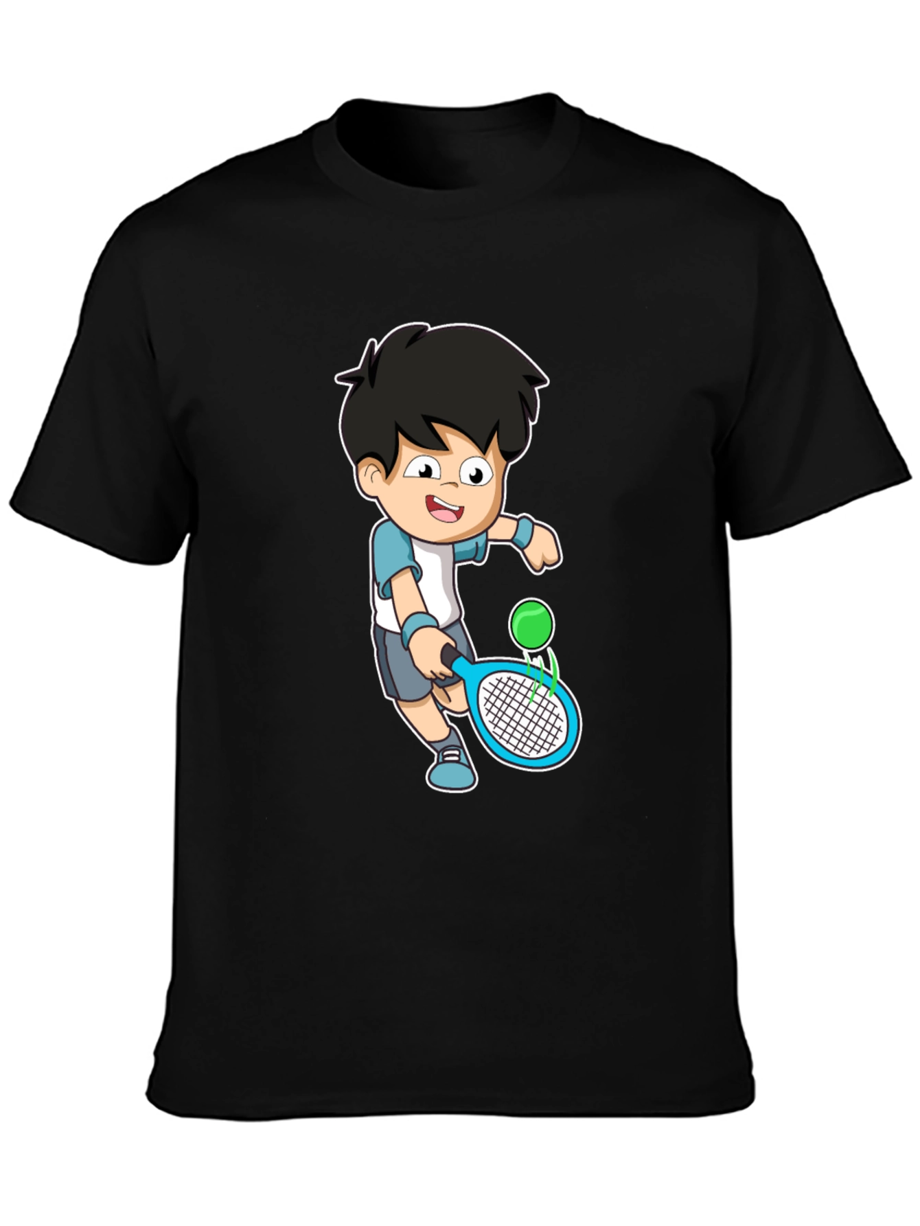Cartoon Tennis Player Graphic Tee - Black Cotton Shirt