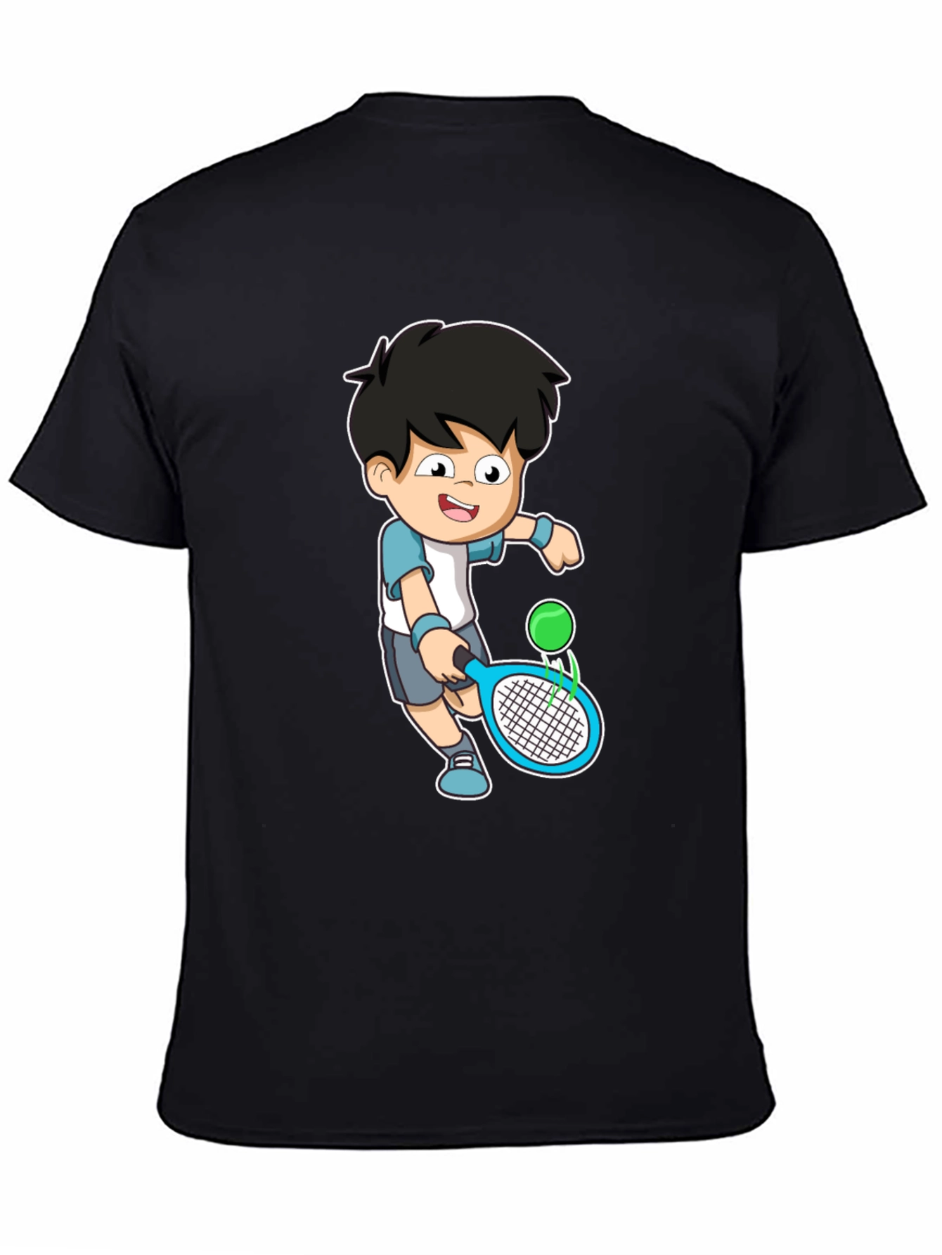 Cartoon Tennis Player Graphic Tee - Black Cotton Shirt