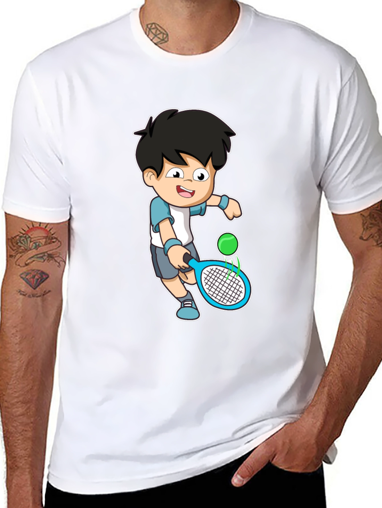 Cartoon Tennis Player Graphic Tee - Black Cotton Shirt