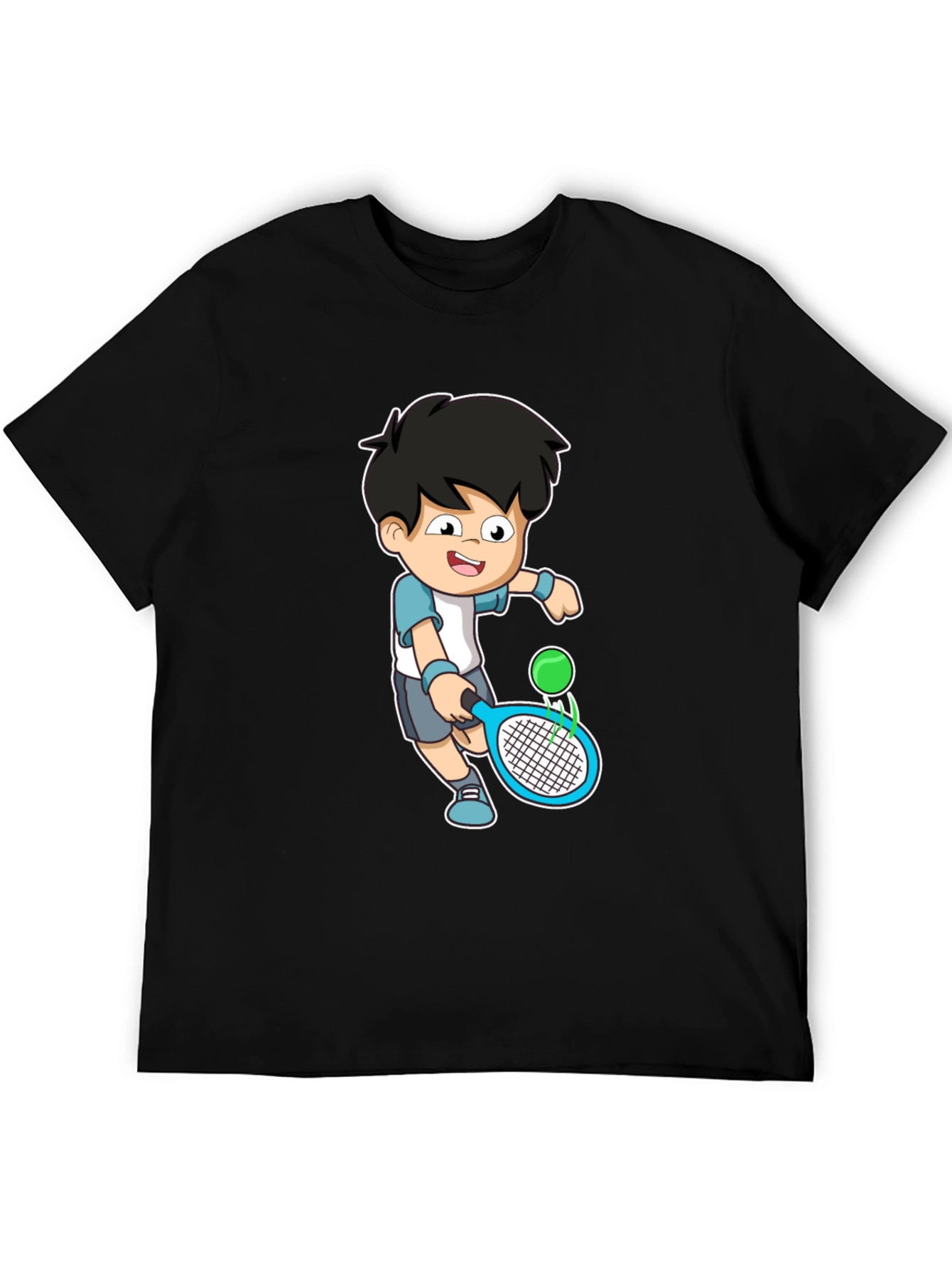 Cartoon Tennis Player Graphic Tee - Black Cotton Shirt